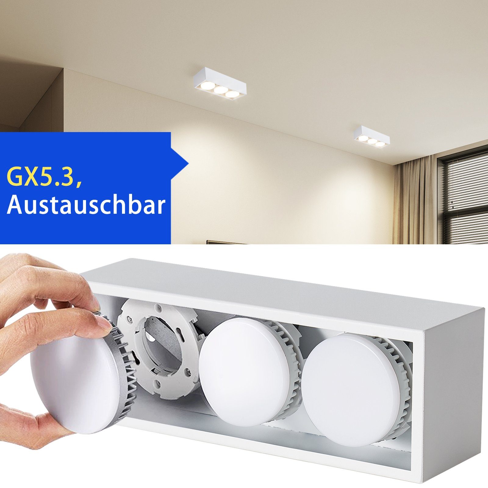 ZMH LED GX53 mit für Deckenstrahler Eckig 3 Deckenleuchte - Weiß Flammig Deckenspots Schwenkbar, Aufbaustrahler 15W Wohnzimmer, LED Küche 3000k