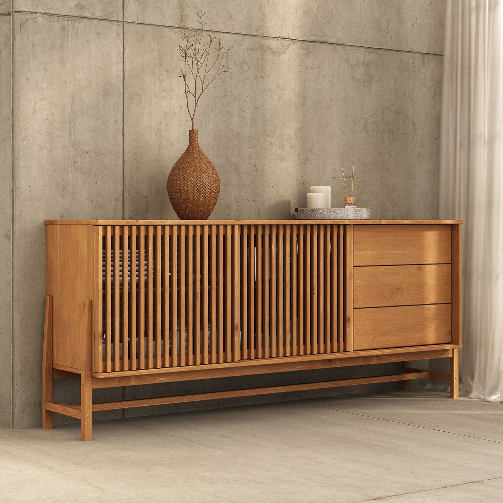 IDIMEX Sideboard ADAMO, Kommode 175 cm aus Massivholz mit Lamellenschiebetüren Eiche Finish