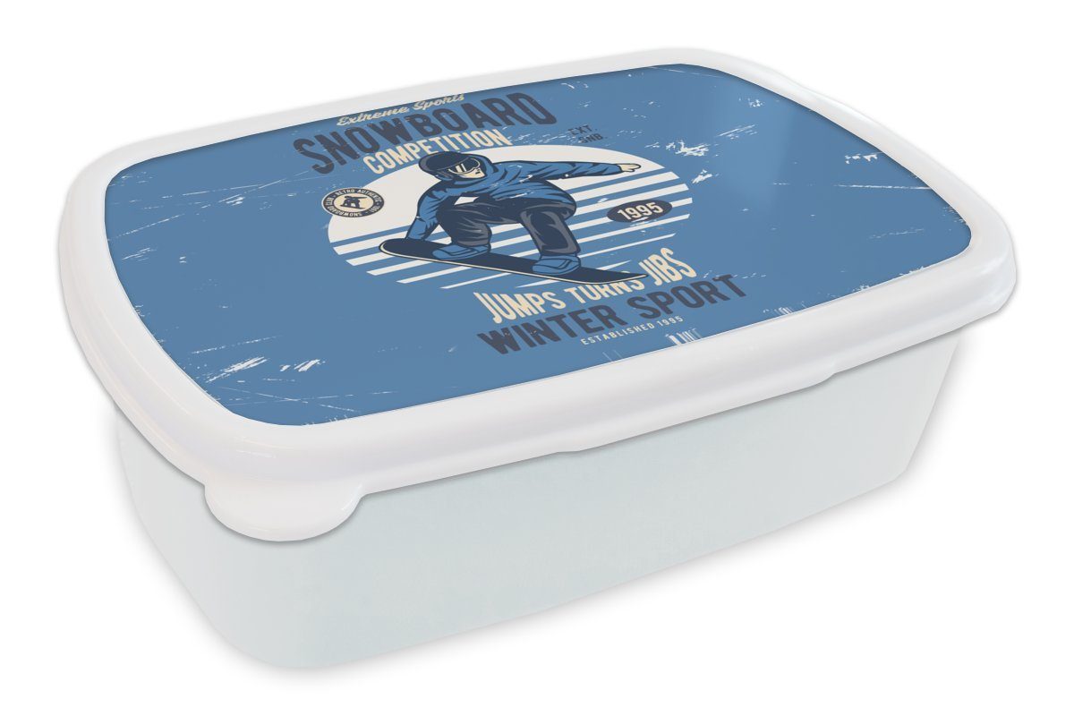 MuchoWow Lunchbox Snowboard - Mann - Vintage, Kunststoff, (2-tlg), Brotbox für Kinder und Erwachsene, Brotdose, für Jungs und Mädchen weiß