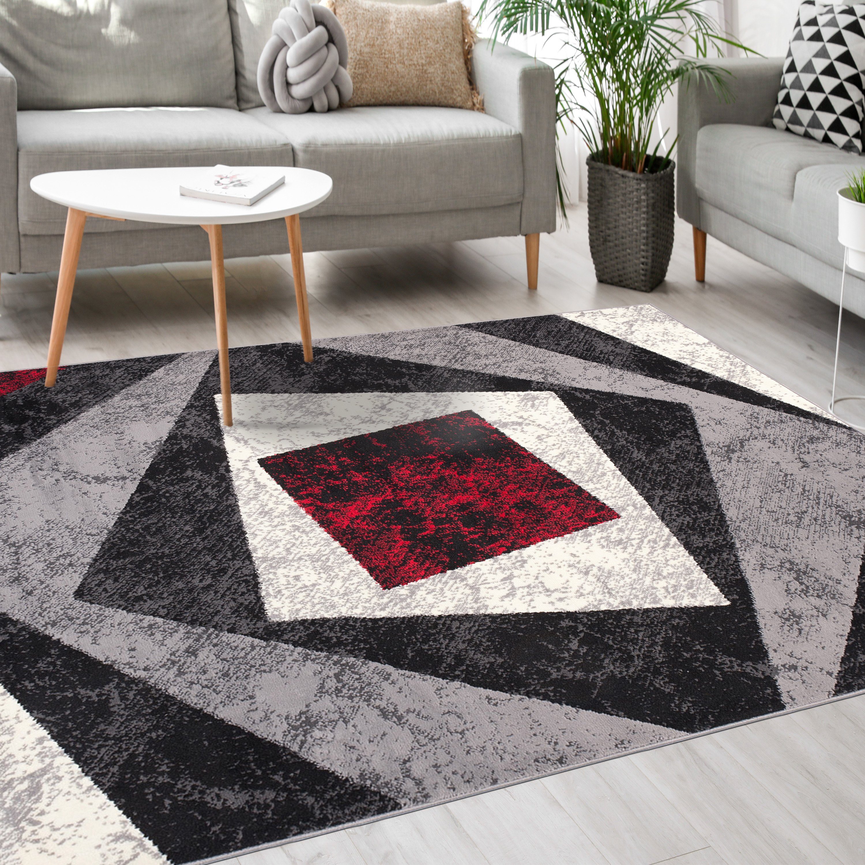 Designteppich Modern Teppich Kurzflor Wohnzimmerteppich Robust und pflegeleicht GRAU, Mazovia, 60 x 100 cm, Fußbodenheizung, Allergiker geeignet, Farbecht, Pflegeleicht, Geometrisch