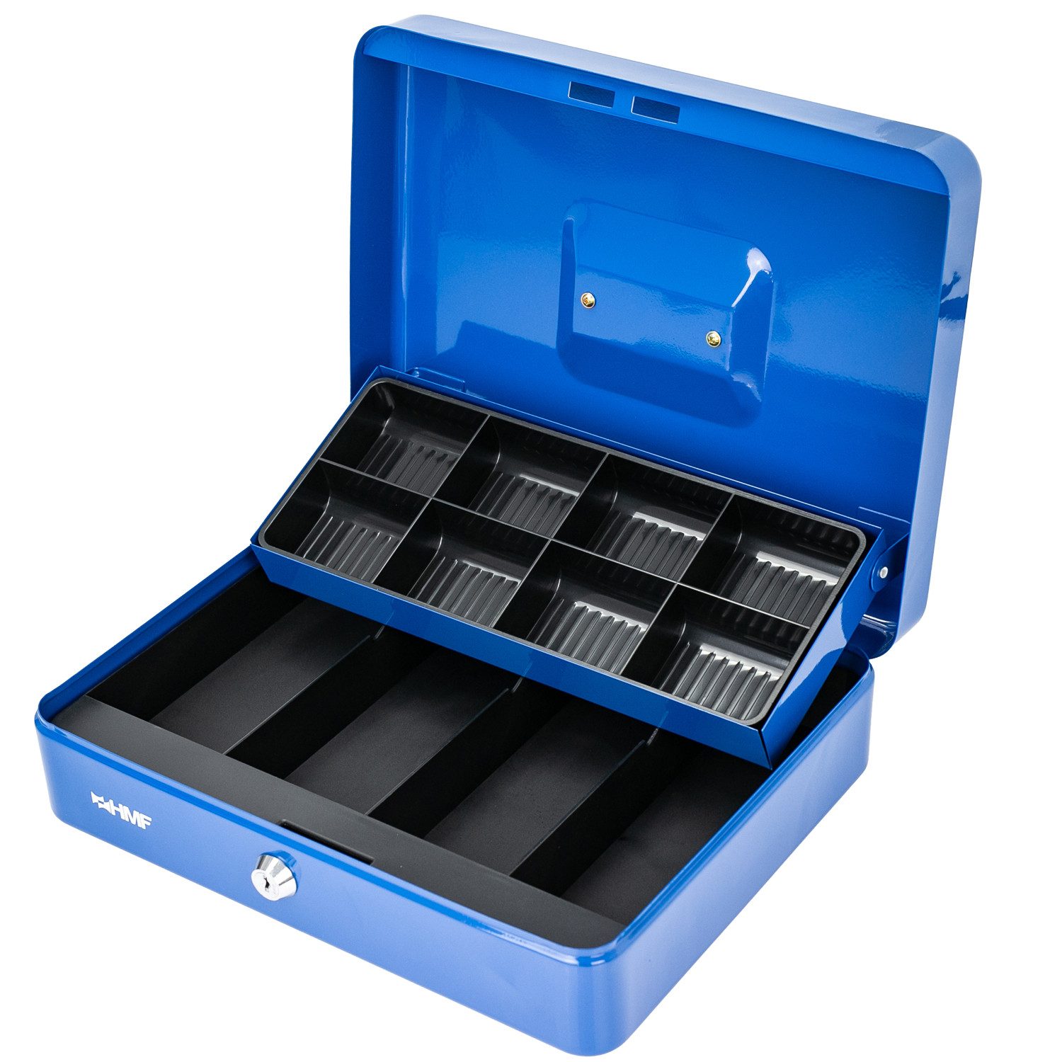HMF Geldkassette Geldkassette abschließbar, Kasse mit 8 Münzfächern, und 4 Geldscheinmulden, 30 x 24 x 9 cm, blau