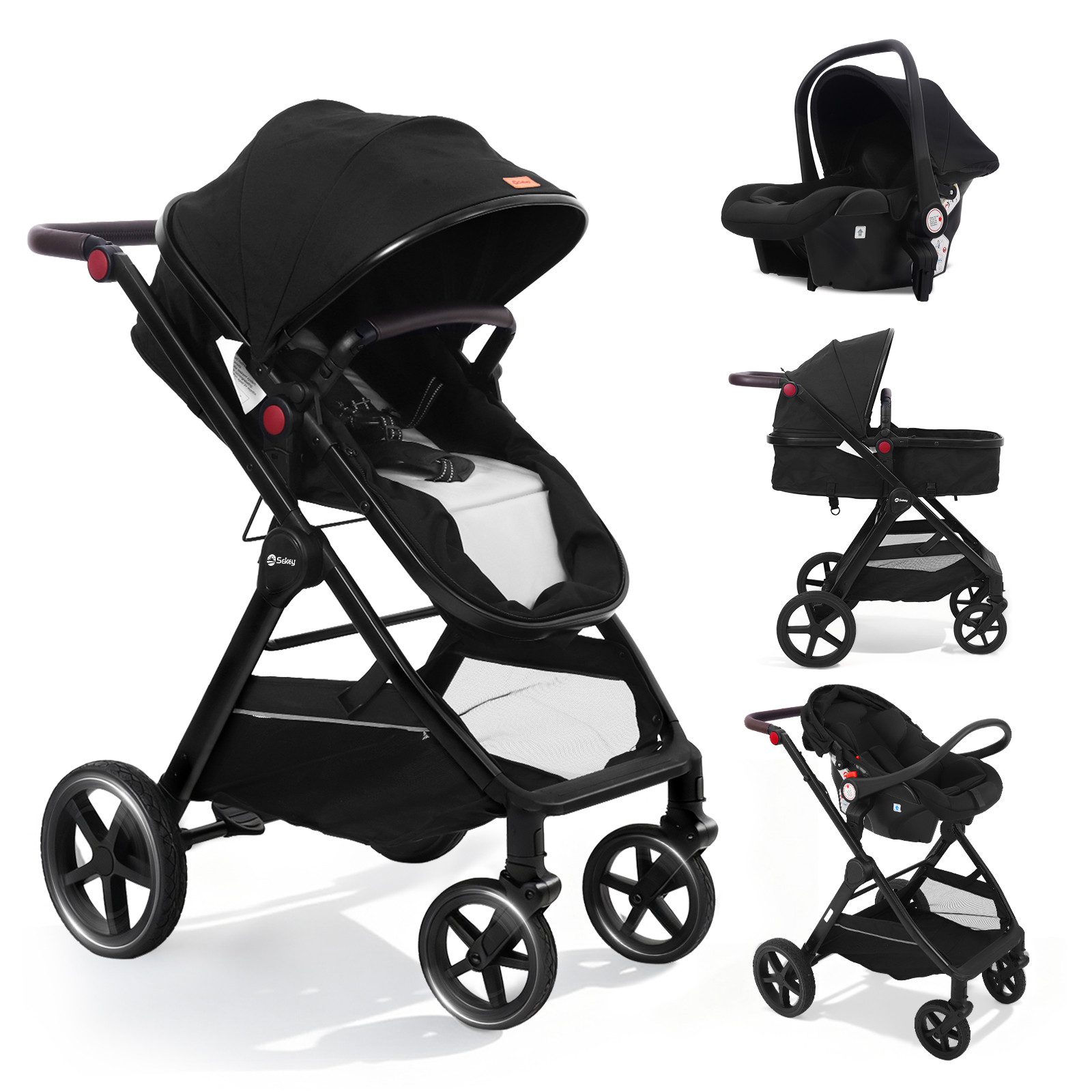 Sekey Kombi-Kinderwagen 3 in 1 Коляски Buggy mit Liegefunktion Reisebuggy Auto Babyschale, All-Wetter Travel System 0–4 Jahre, mit Moskitonetz und Regenschutz