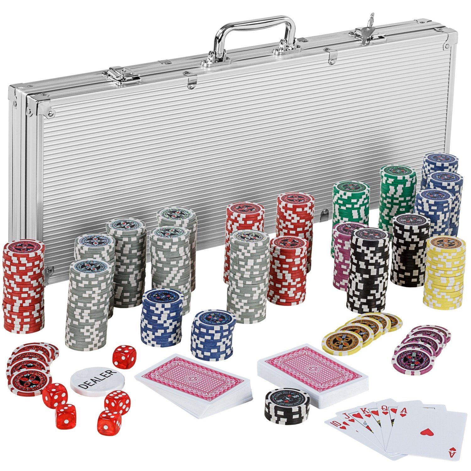 GAMES PLANET Spiel, GAMES PLANET® Pokerkoffer aus Aluminium, Pokerset aus Aluminium mit 500 12g Laser-Chips mit Metalkern, Farbwahl