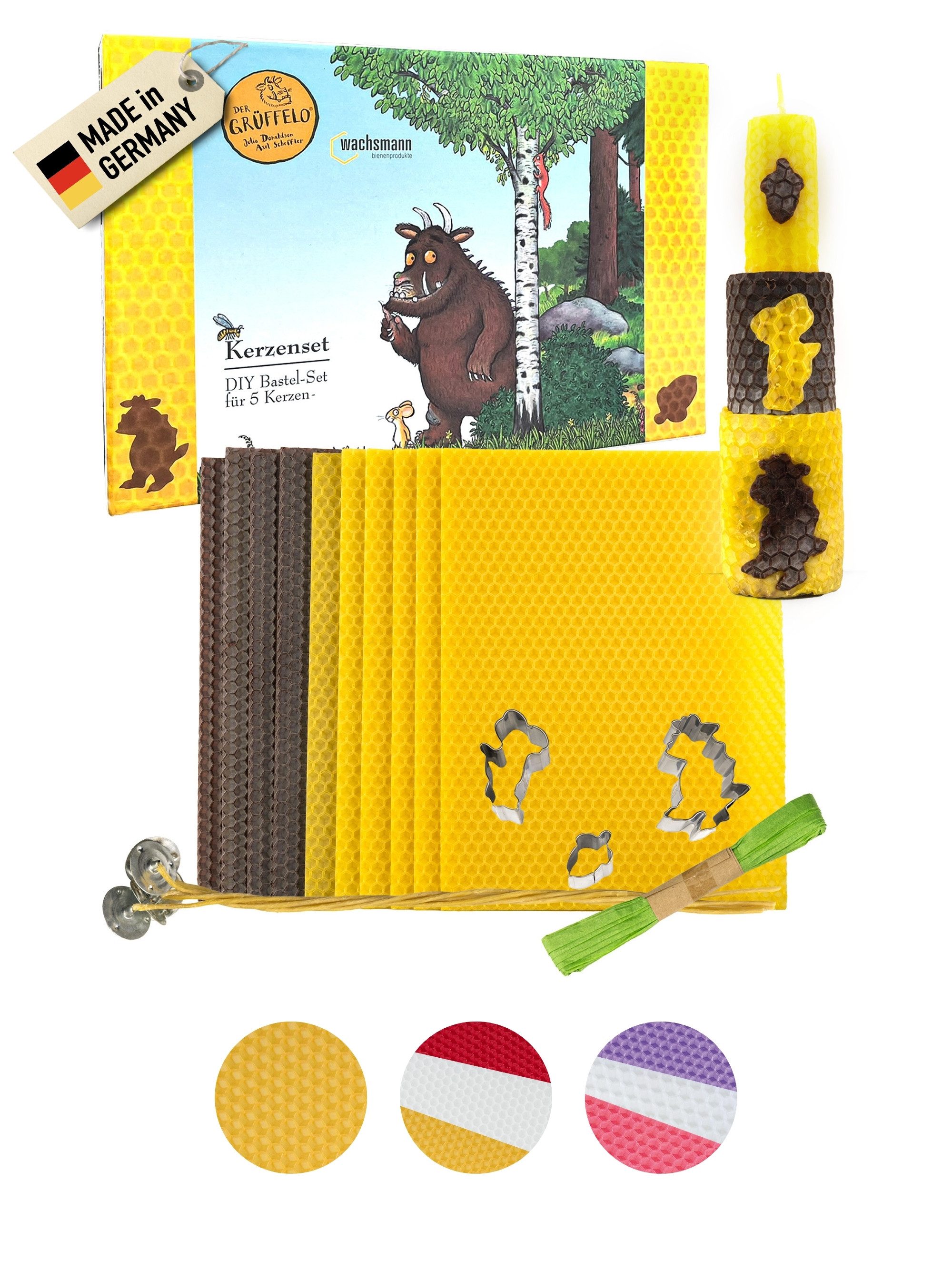 Wachsmann Bienenprodukte Bienenwachskerze selber basteln mit dem Grüffelo (Kerzenset, mit 10 Wabenplatten), Offizielles Grüffelo-Produkt, 100 % reines Bienenwachs