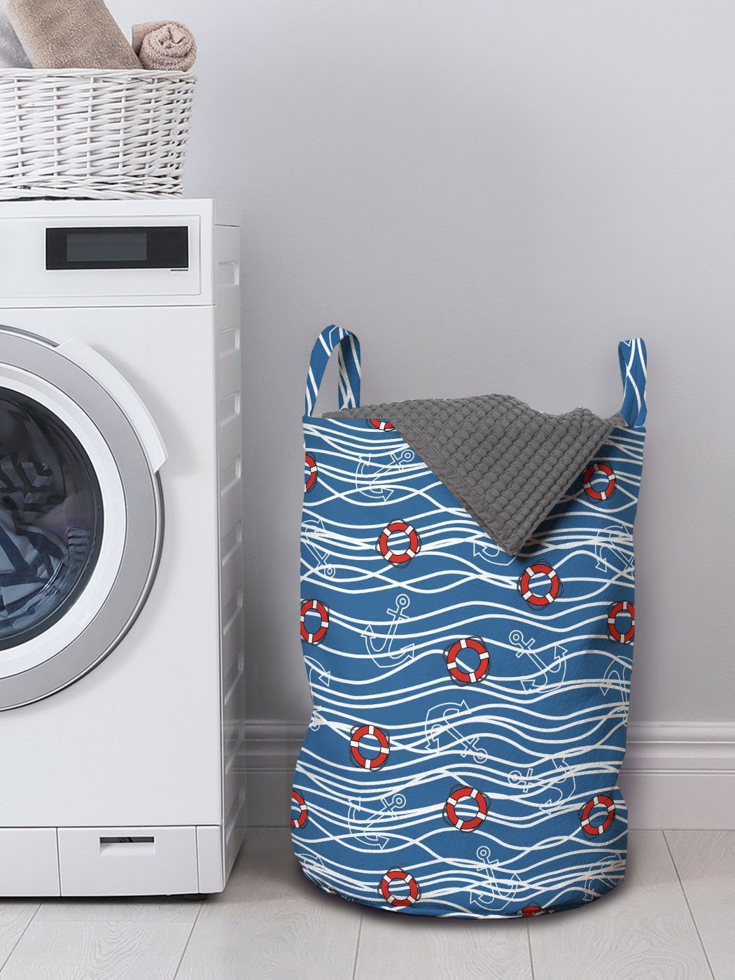 Wäschesäckchen Wäschekorb Sea Waves Kordelzugverschluss für mit Griffen Blue Waschsalons, Lifebuoys Nautisch Abakuhaus