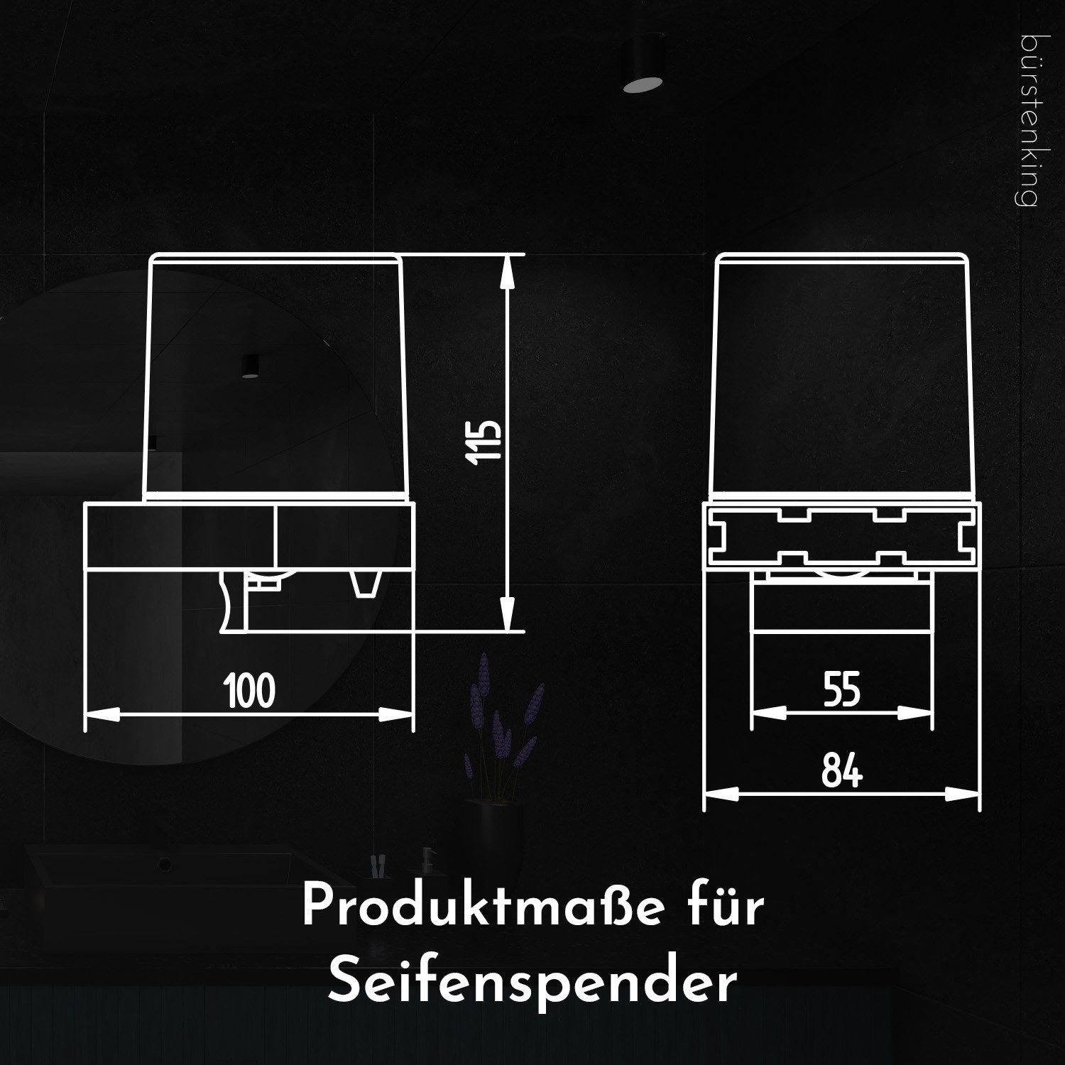 Bürstenking Seifenspender aus Kristallglas satiniert – 150 ml, Wandmontage, Einhandbedienung, (eckig oder rund), 150 ml Flüssigseifenspender