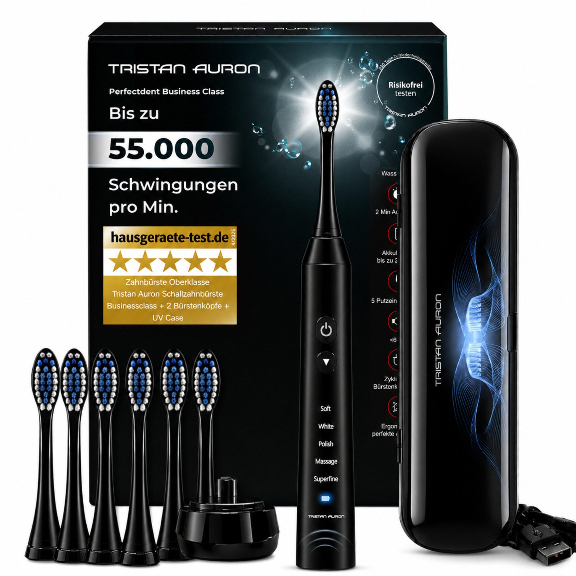 Tristan Auron Schallzahnbürste Elektrische Zahnbürste UV-Etui 55 000 VPM 2 Min Timer 60 Tage Akku, Aufsteckbürsten: 6 St., 6x Bürstenköpfe, 1x elektrische Zahnbürste, 1x UV-Case, 1xLadestation, UV Reinigungsgerät, 5 Modis, extrem leise <65db, IPX7 Wasserdicht