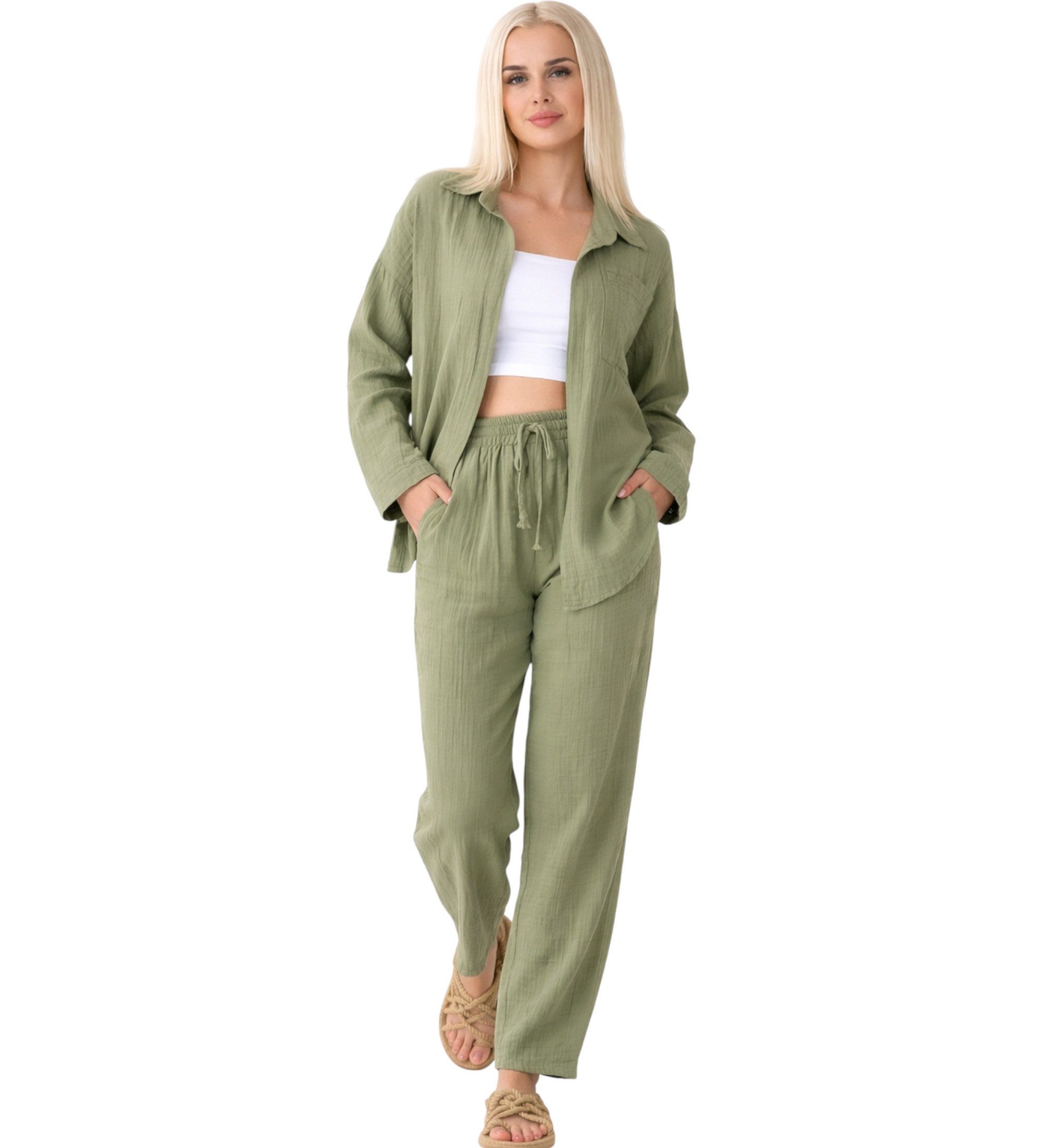 WENOR Hemdbluse Damen Musselin Oversize Bluse Langarm Einheitsgröße 34-42