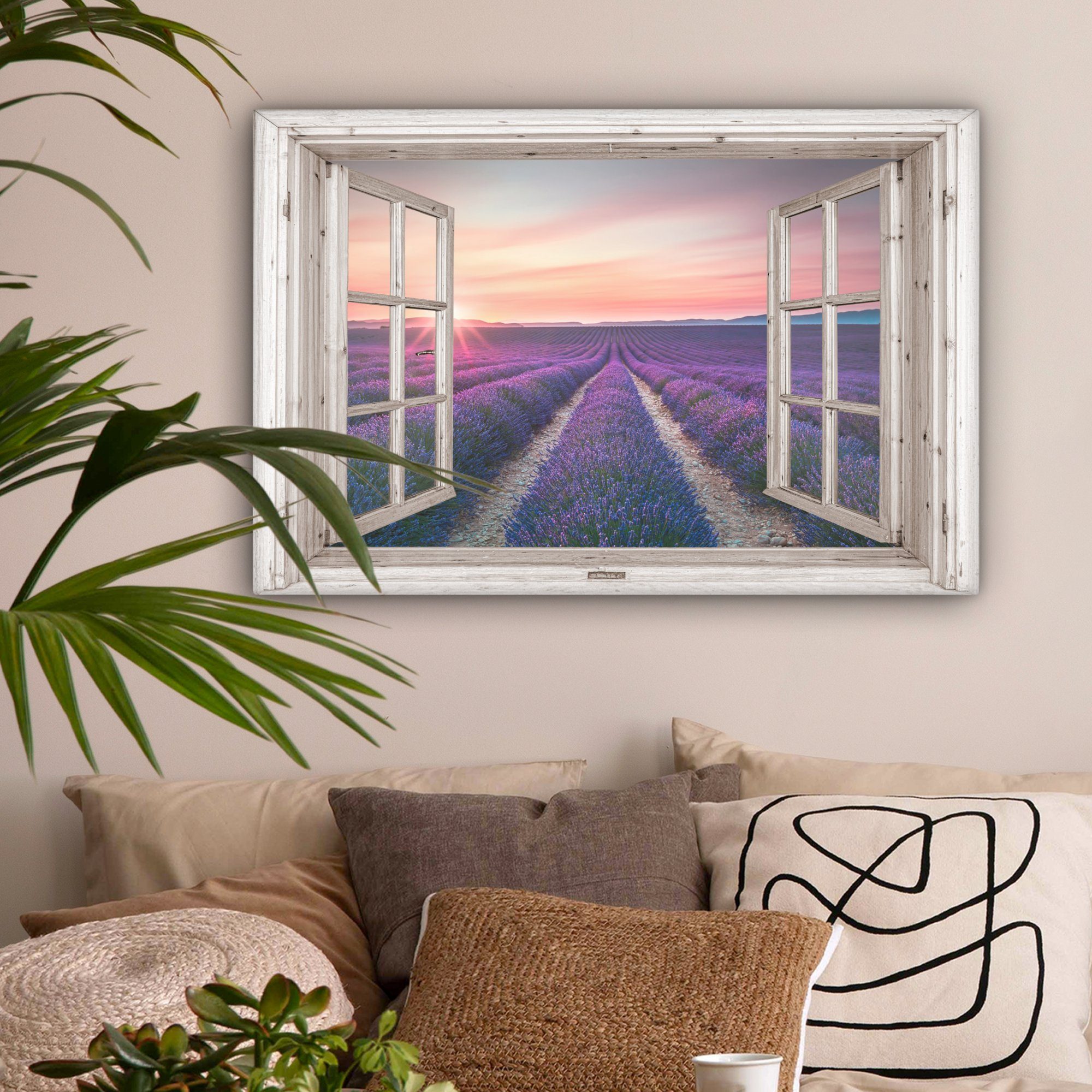 OneMillionCanvasses® Leinwandbild Fensterblick - Fenster - Lavendel - Blumen - Holz - Sonnenuntergang -, Fotodruck (1 St), Leinwände Wanddeko Wohnzimmer Schlafzimmer 60x40 cm