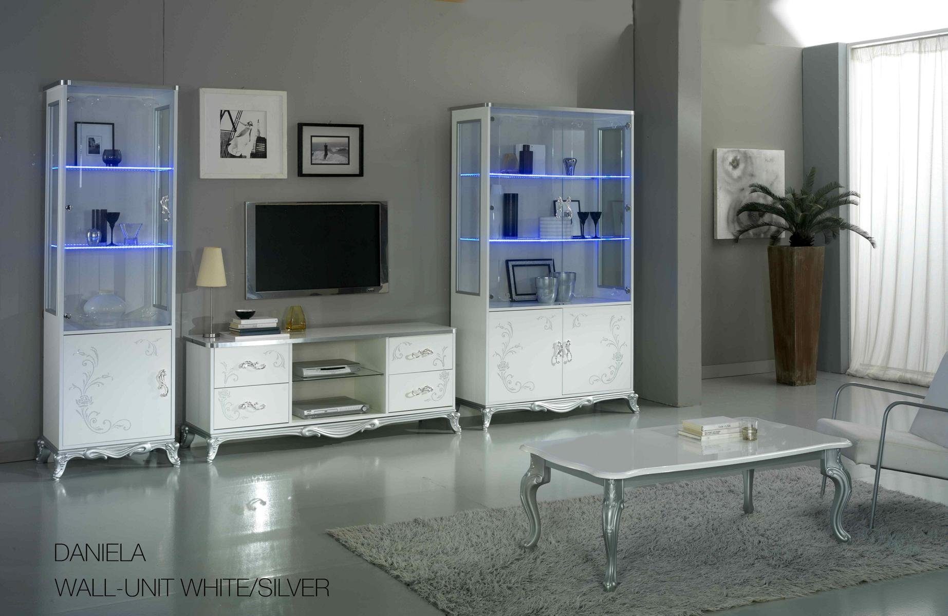 JVmoebel Wohnzimmer-Set, Wohnwand Wohnzimmer-Set Vitrine Lowboard Wandregal TV Tisch Weiß-Silber 3 tlgs.