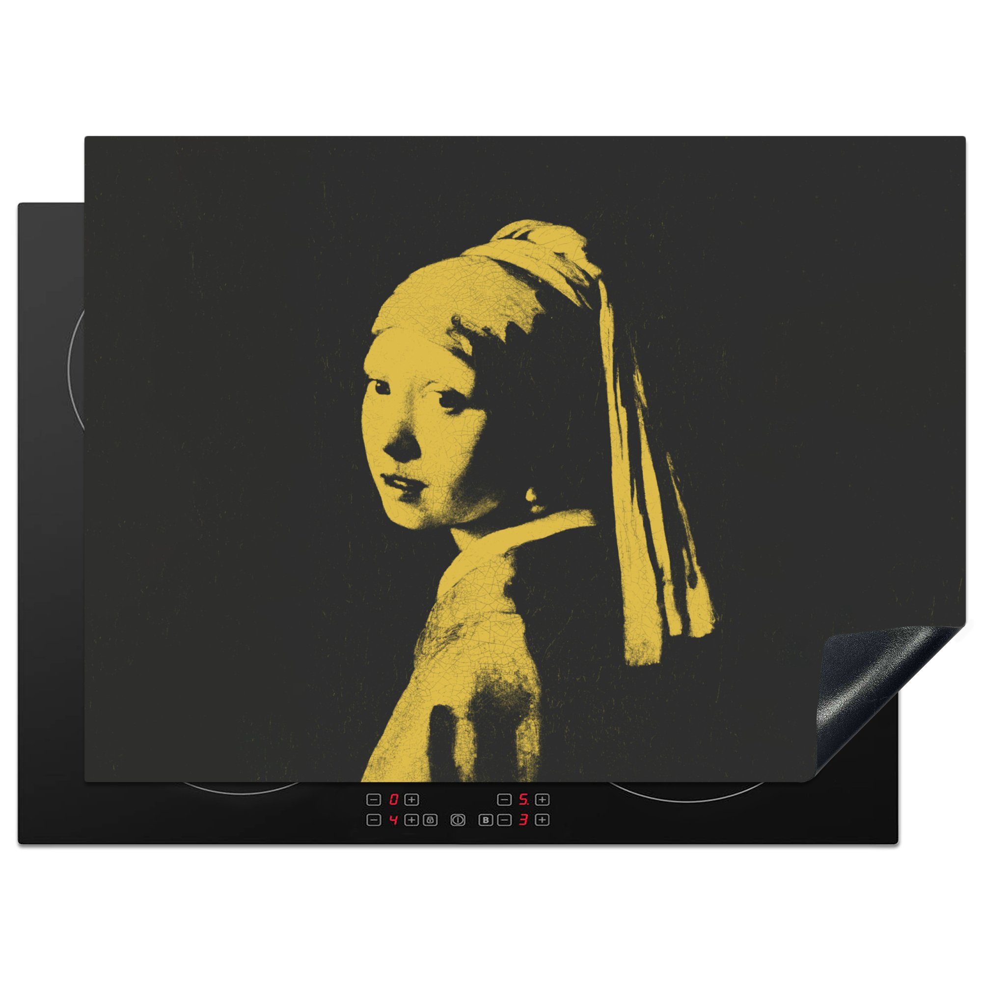 MuchoWow Herdblende-/Abdeckplatte Mädchen mit einem Perlenohrring - Johannes Vermeer - Schwarz - Gelb, Vinyl, (1 tlg), 71x52 cm, Induktionskochfeld Schutz für die küche, Ceranfeldabdeckung