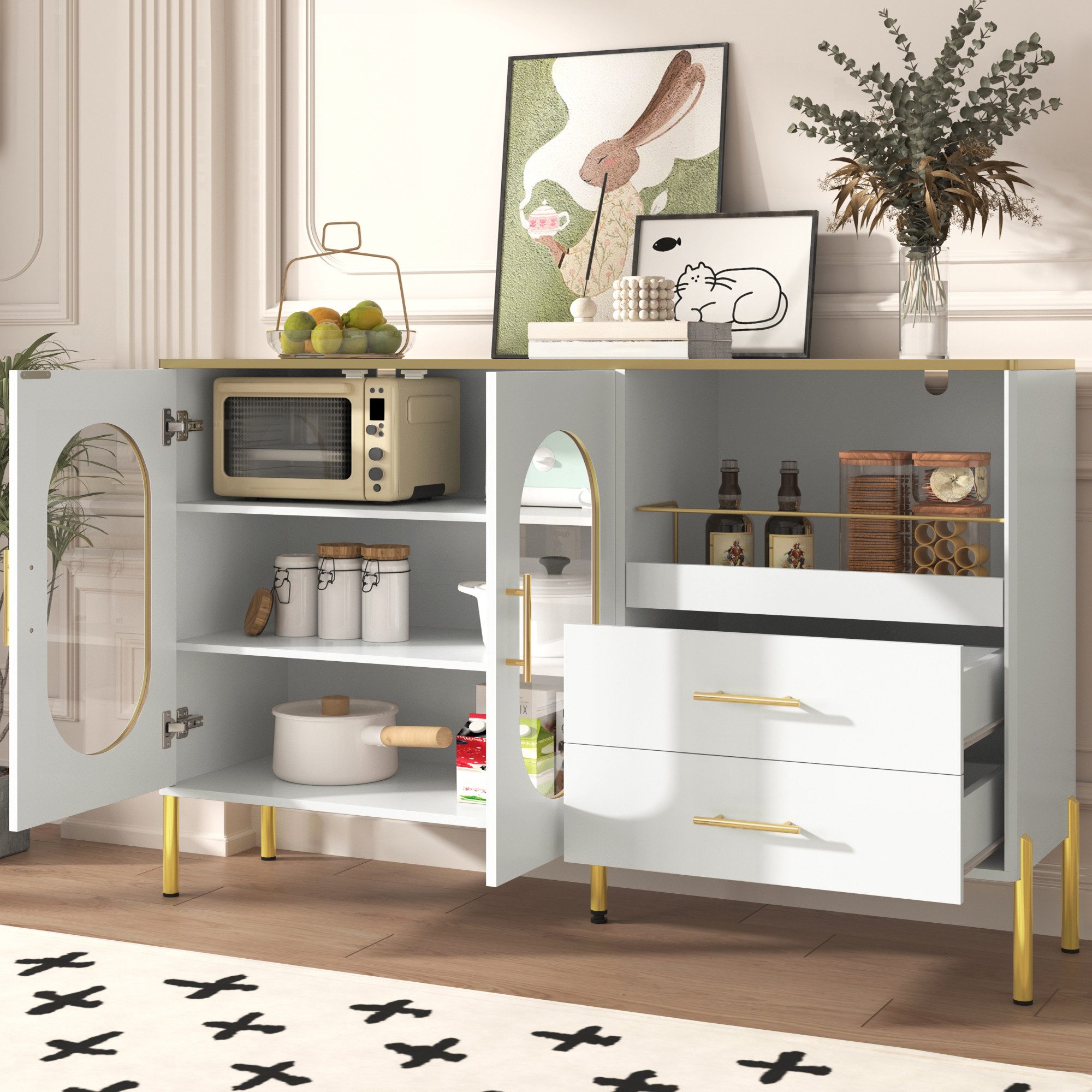 Sideboard mit 2 Schubladen, 2 Glastüren, Goldakzenten für Wohnzimmer, Flur Weiß