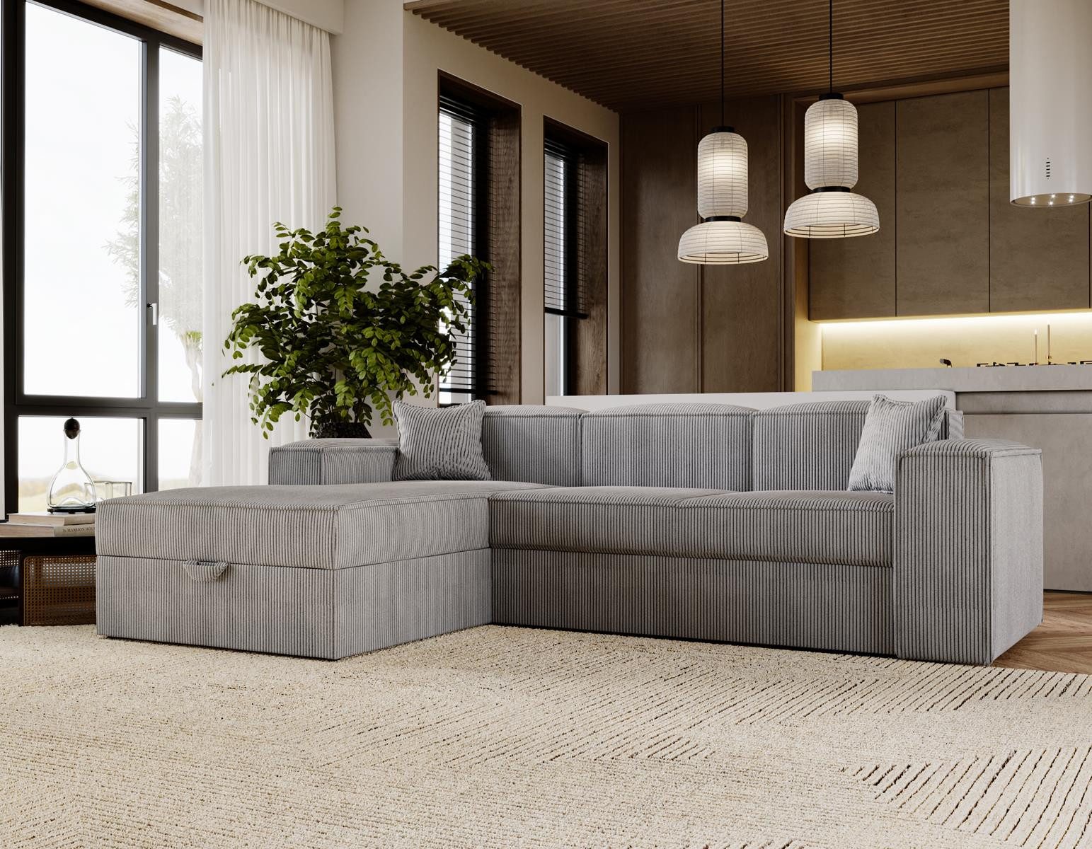 Compleo Ecksofa L-form, Modern design, Cordstoff oder Velvet SANTO, Mit Bettkasten und Schlaffunktion