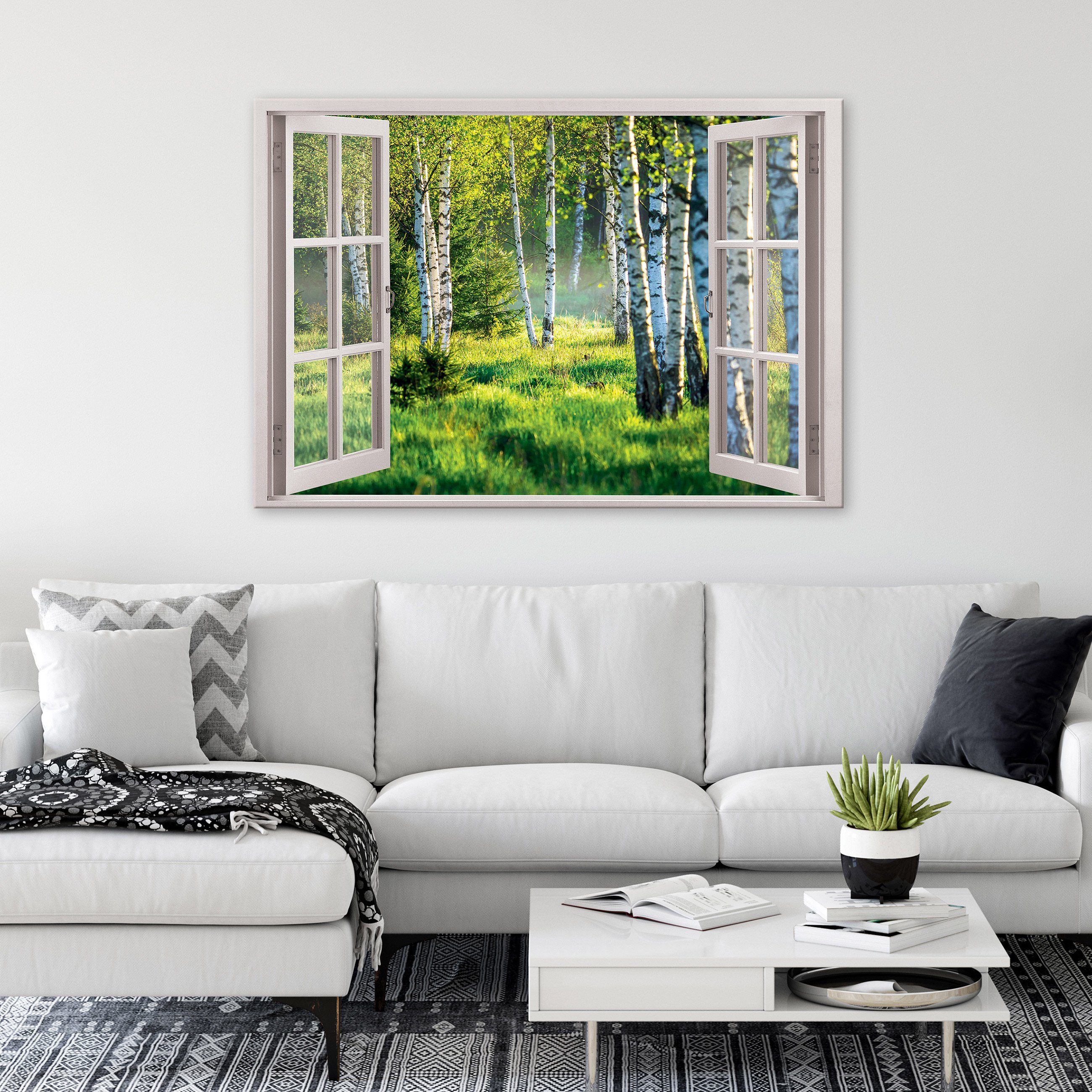 Wallarena Leinwandbild Fensterblick Wald Natur Grün Fenster Wandbild Groß X günstig online kaufen