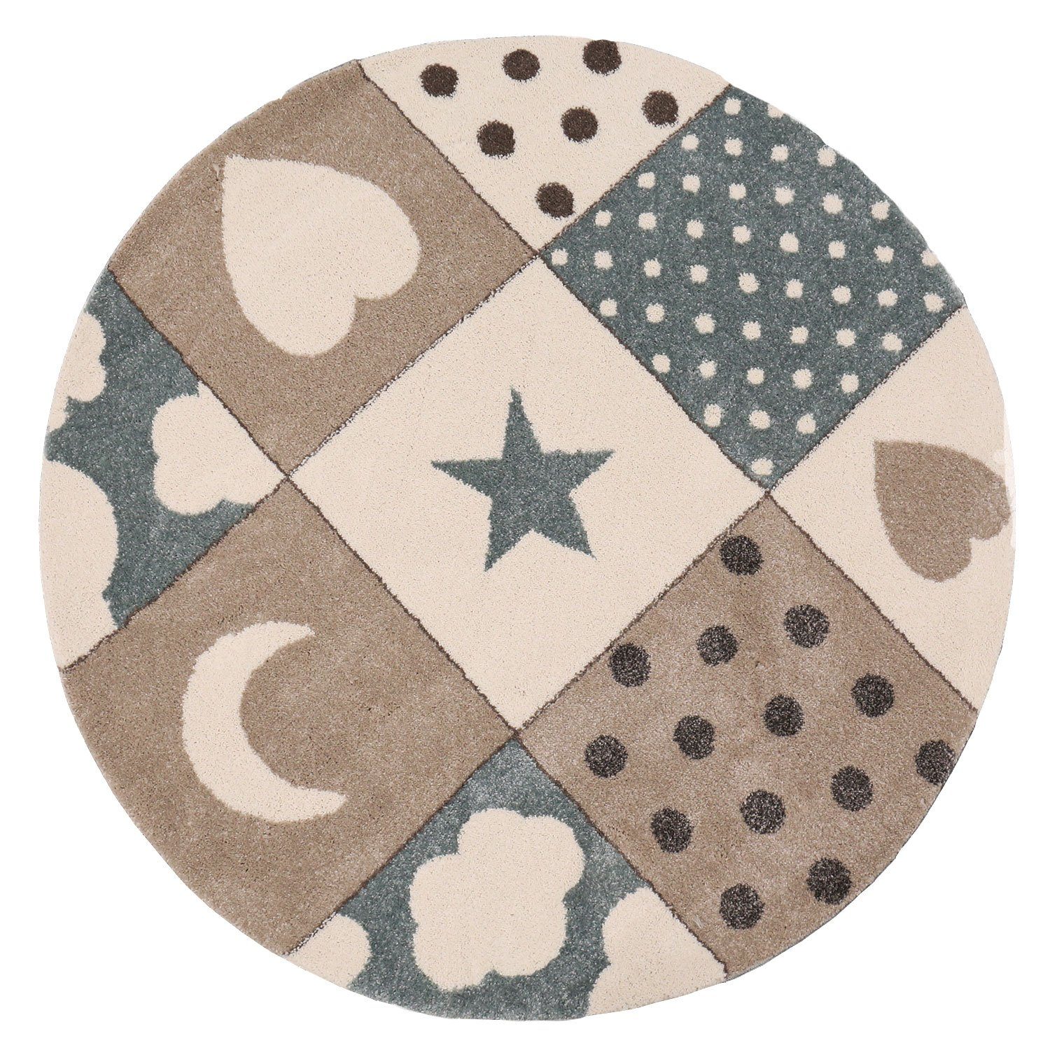 Vimoda Kinderteppich Bino, Herz, Stern & Wolke, Rund, Höhe: 12 mm, Teppich Blau Karomuster, Kinderzimmer, Schlafzimmer