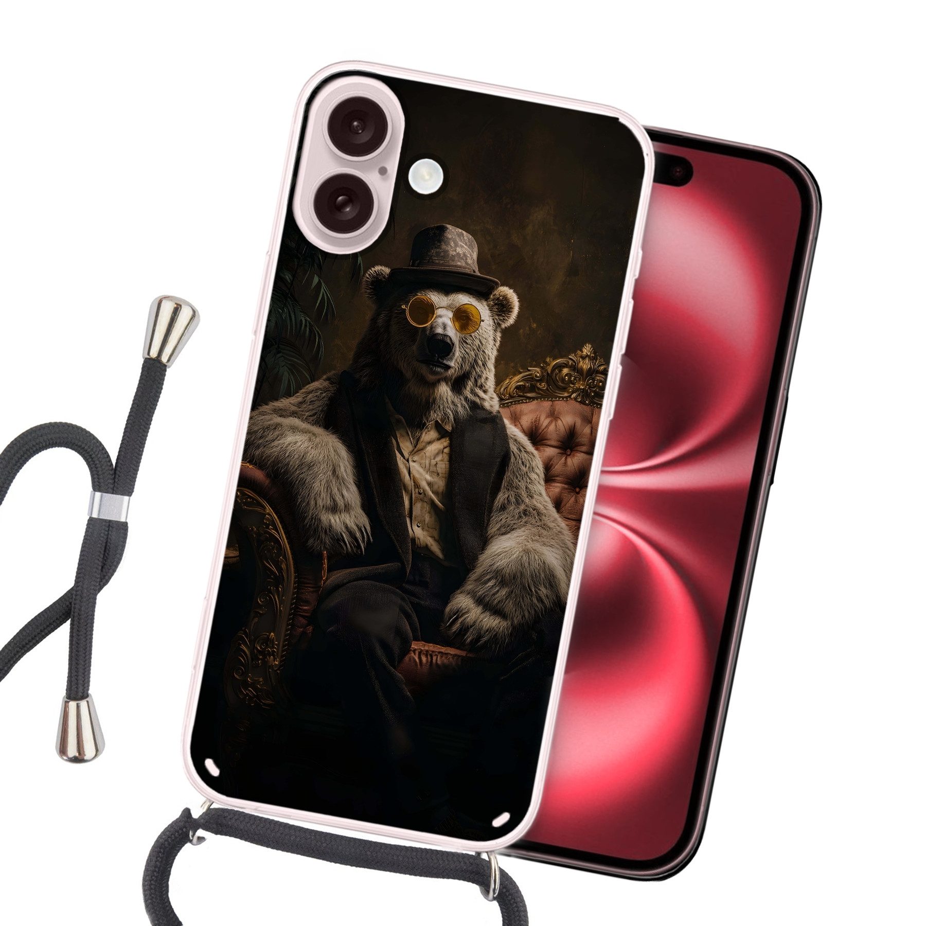 MuchoWow Handyhülle für Apple iPhone 16 Eisbär - Hut - Brille - Stuhl, Tragbare Handyhüllen mit Kette zum umhängen, Handykette Handyband
