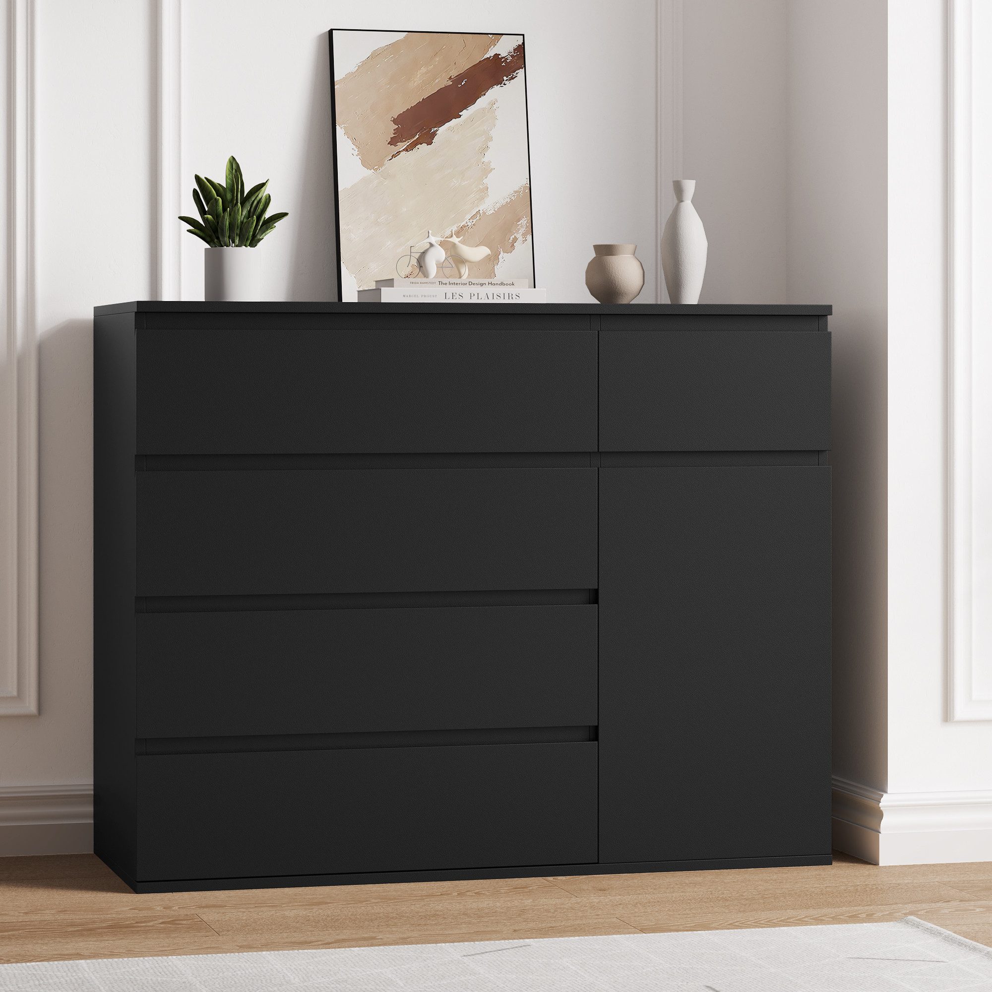 Homfa Kommode schwarz mit 5 Schubladen und 1Tür, Sideboard Schubladenschrank holz 100x80x40cm