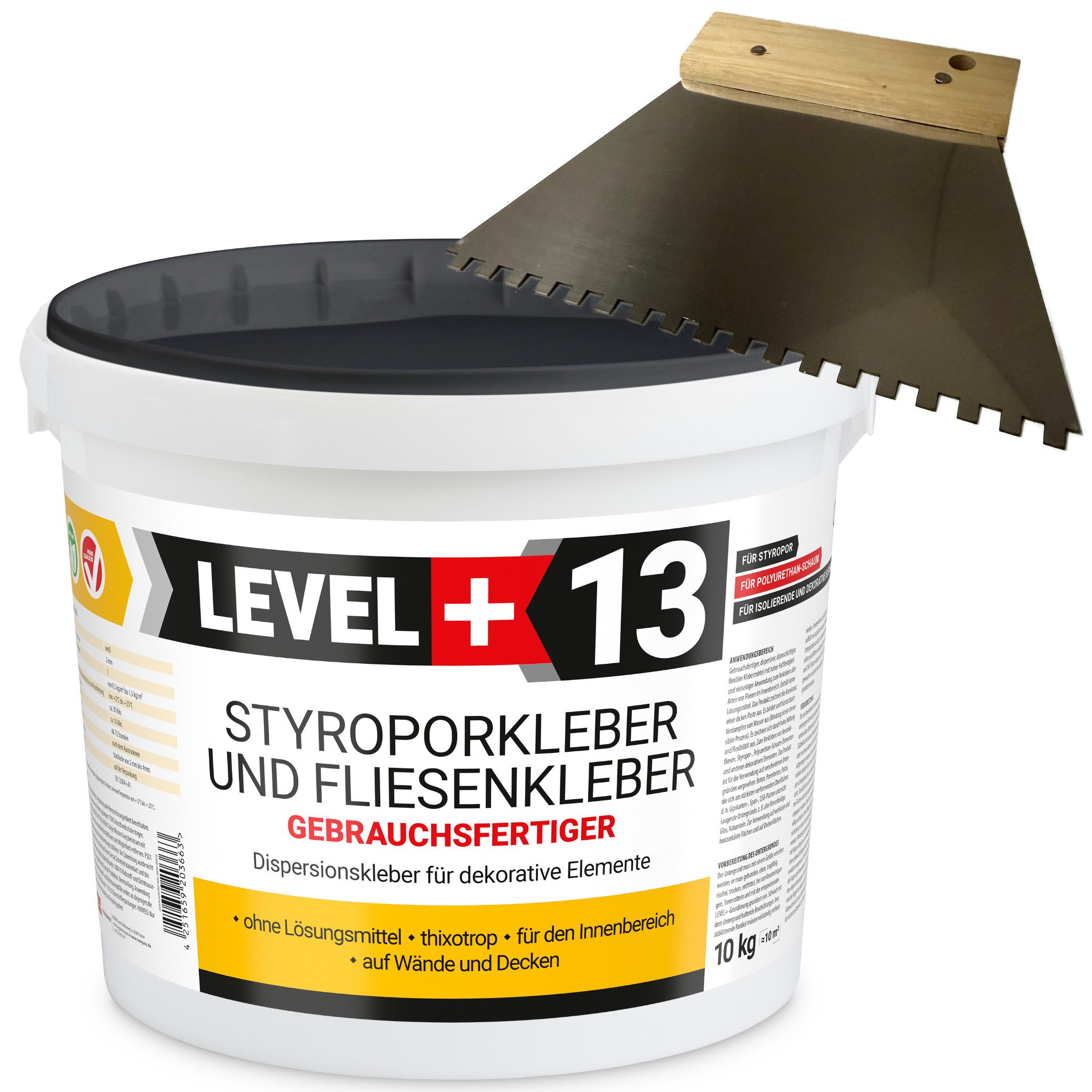 Level+ Montagekleber Styroporkleber 10KG Dispersionkleber Dekor L+13 + Zahnspachtel 4mm