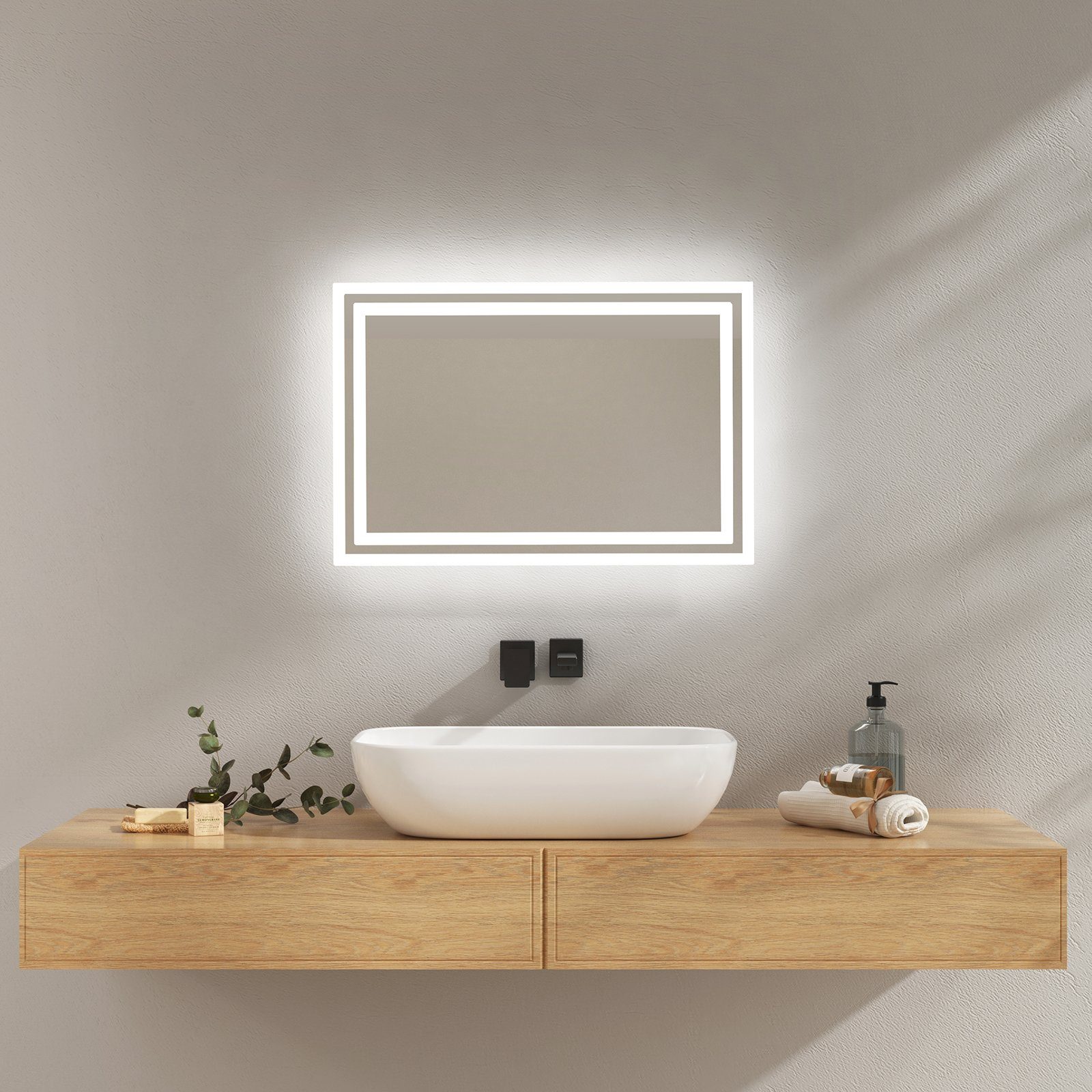EMKE Badspiegel mit Beleuchtung LED Badezimmerspiegel Wandspiegel (Vertikal Horizontal möglich), Beschlagfrei, 2 Lichtfarben, Druckknopfschalter IP44
