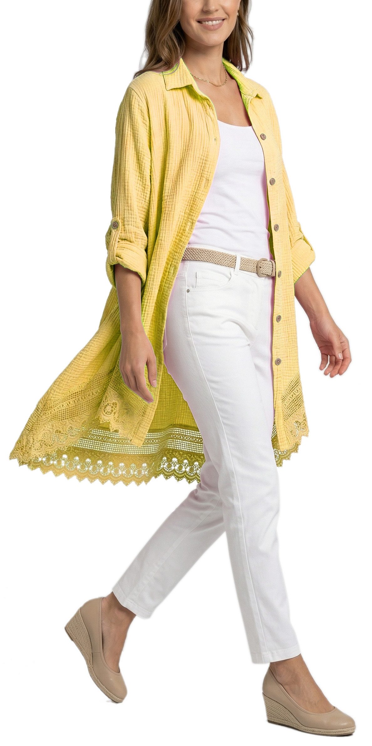 dy_mode Longbluse Damen Oversized Longbluse Musselin Tunika HemdbluseBlusenkleid in Unifarbe, dekorativem Häkel-Saum, Oversize-Passform