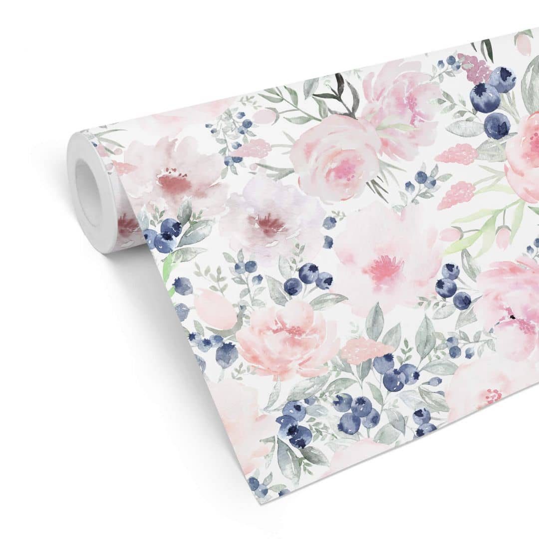 K&L Wall Art Mustertapete Floral Pastell Rosen Vintage Blumentapete blaue Beeren Vliestapete modern, Frühlingstag Tapete
