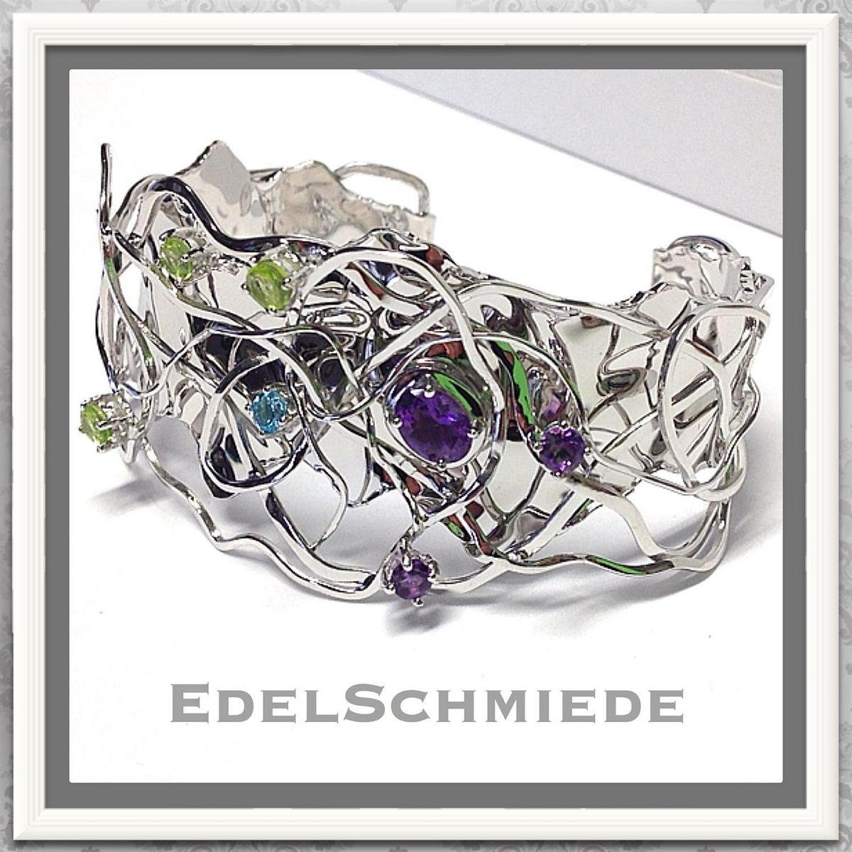 Silberarmband Armreif 925 Silber rh Amethyst, Peridot u Blautopa