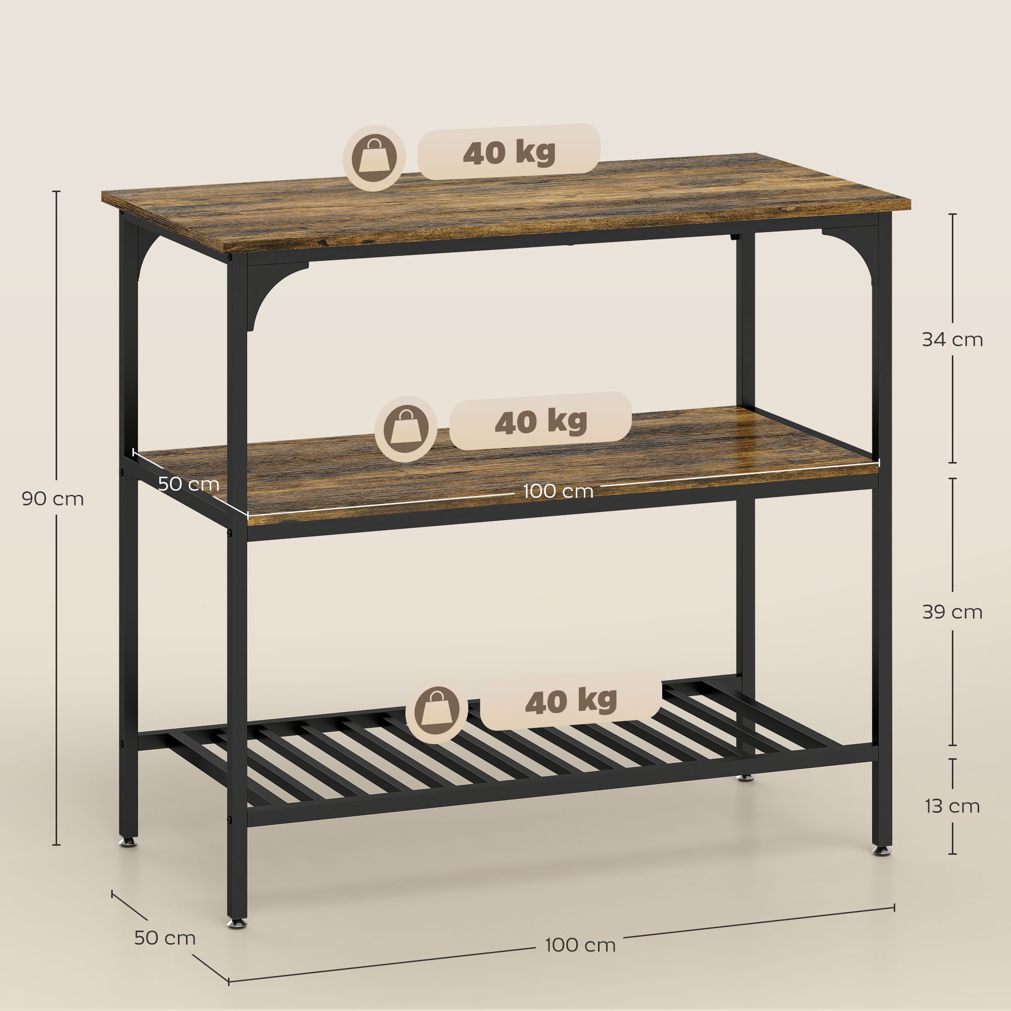 HOMCOM Küchenregal Bäckerregal mit großer Arbeitsplatte und Stahlrahmen, Schwarz, 3-stufiges Standregal 1-tlg., für Esszimmer, Küche, Wohnzimmer, 100 x 50 x 90 cm, Rustikal-Braun