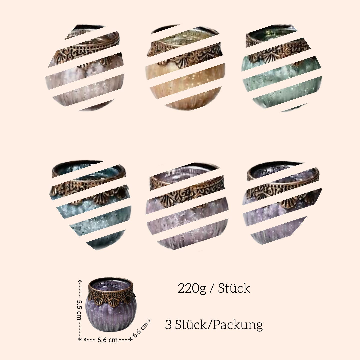 Super Solu Teelichthalter Kerzenhalter Windlicht Orientalisch Vintage /Glas für Deko & Kerzen (Set, 3 St., 3er), Hell-Lila, aus Metall und Glas,6,6 × 6,6 × 5,5 cm