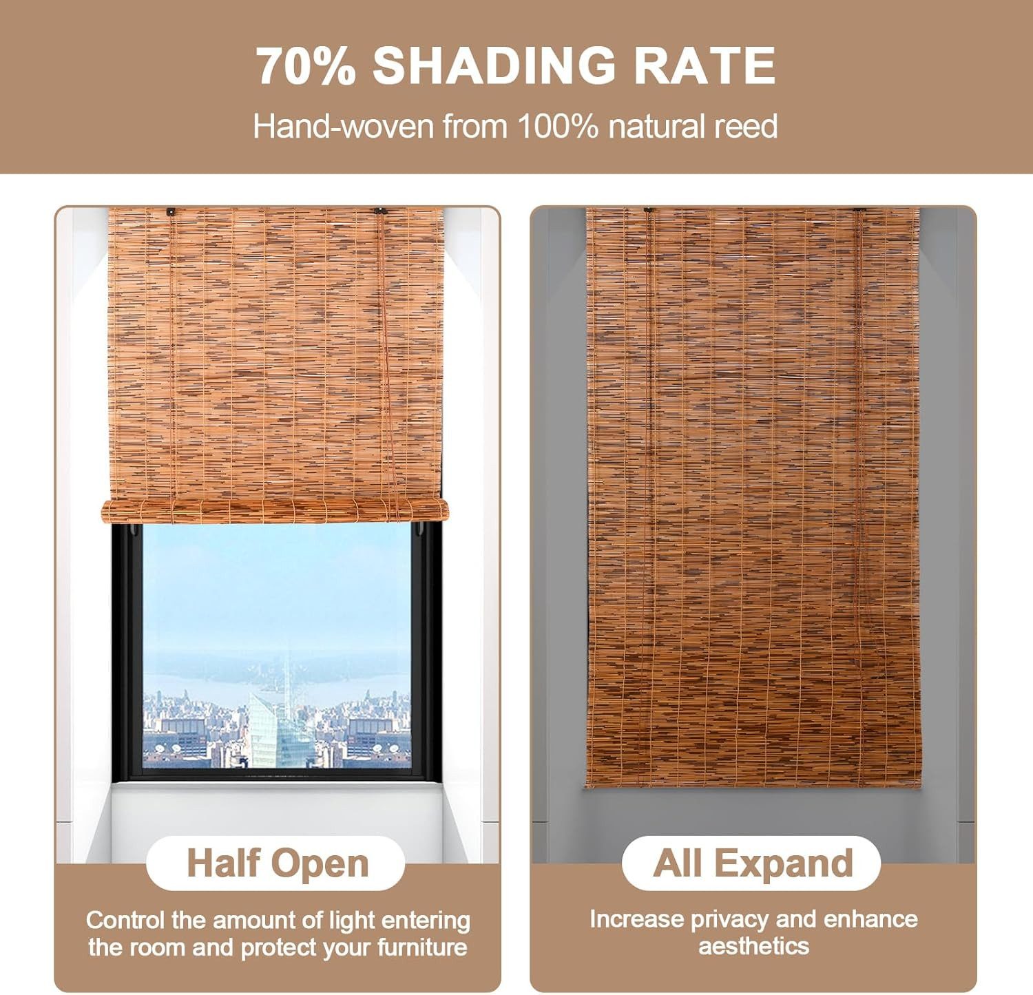 Coradoma Raffrollo Bambus Rollo aus Schilfrohr Sicht- & Sonnenschutz für Fenster, Balkon, Wandmontage mit Ösenhaken, Handgefertigtes Bambusrollo, Jalousie für Fenster in vielen Größen