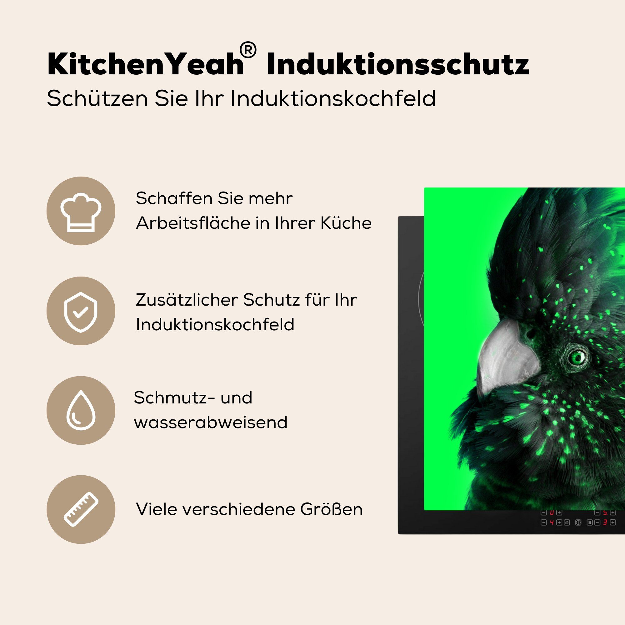 (1 küche für Kakadu MuchoWow Arbeitsplatte Vinyl, cm, Grün - tlg), 78x78 Ceranfeldabdeckung, Herdblende-/Abdeckplatte Schwarz, -