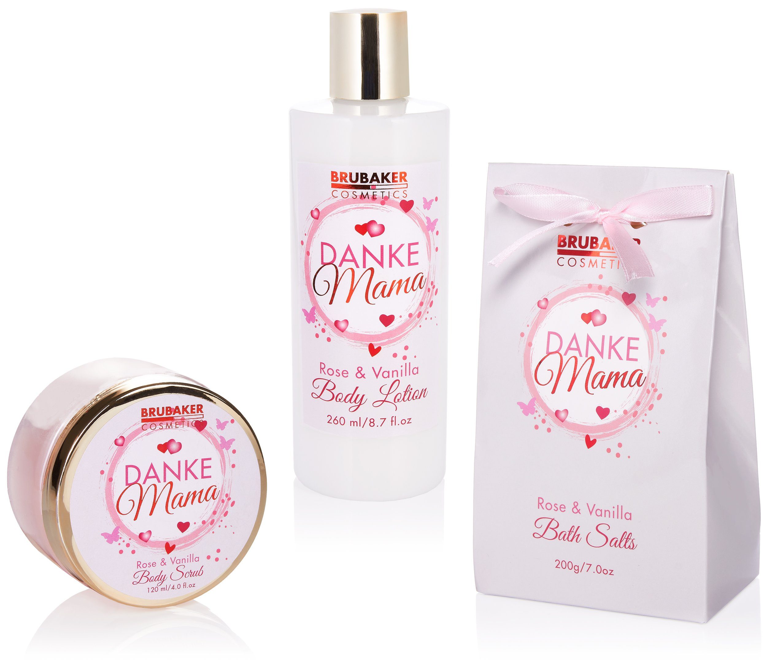 BRUBAKER Pflege-Geschenkset Danke Mama - Badeset mit Rosen Vanille Duft, Geschenk für Mama, 13-tlg., Muttertagsgeschenk Beauty Geschenkset in Korb, Mutter Pflegeset