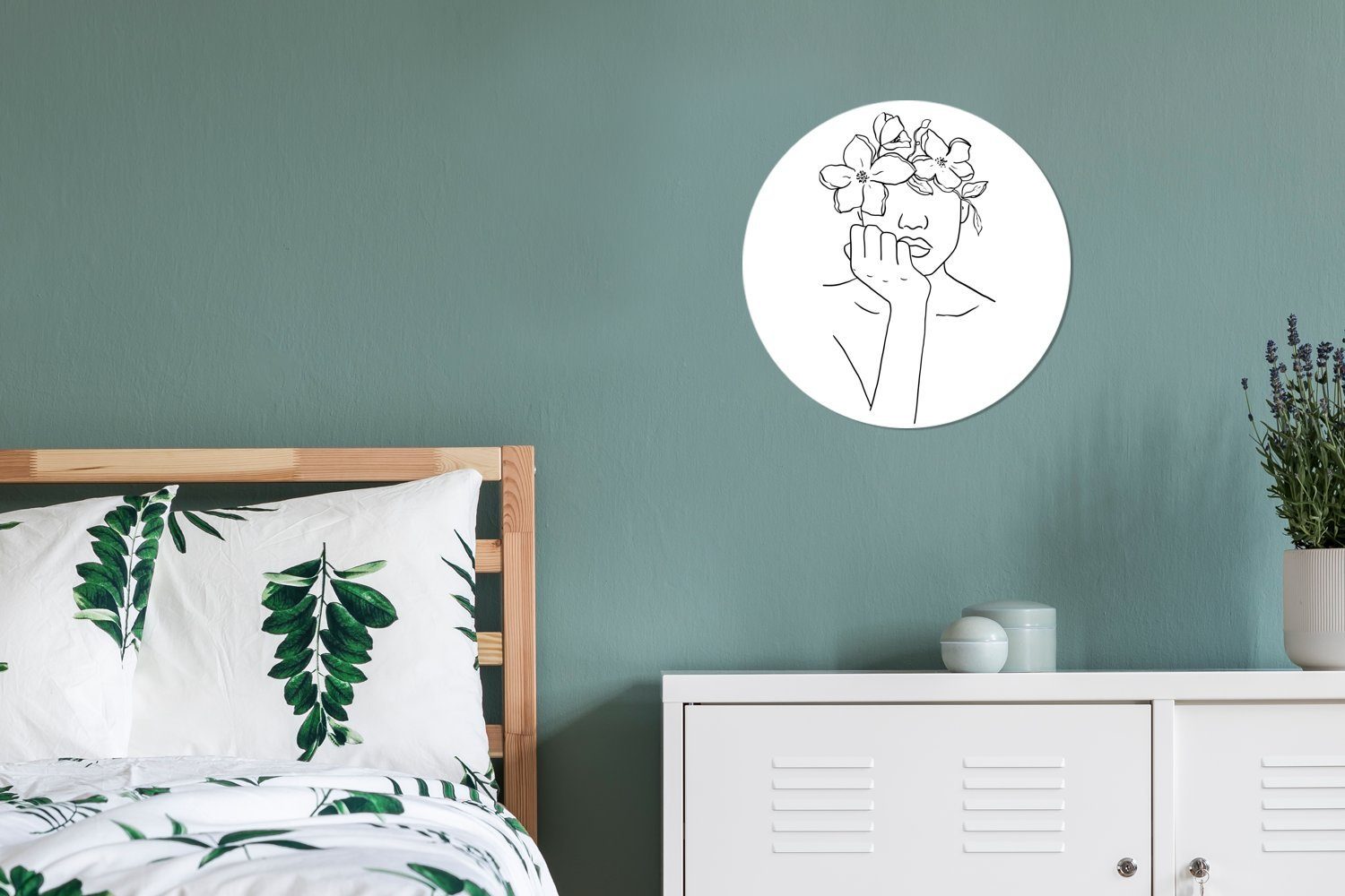 Tapetenaufkleber, einer Quadrat Tapetenkreis in Wandsticker Strichgrafik mit Blumen Frau Rund, Kinderzimmer, Wohnzimmer Haar ihrem St), MuchoWow (1 für Abstrakte