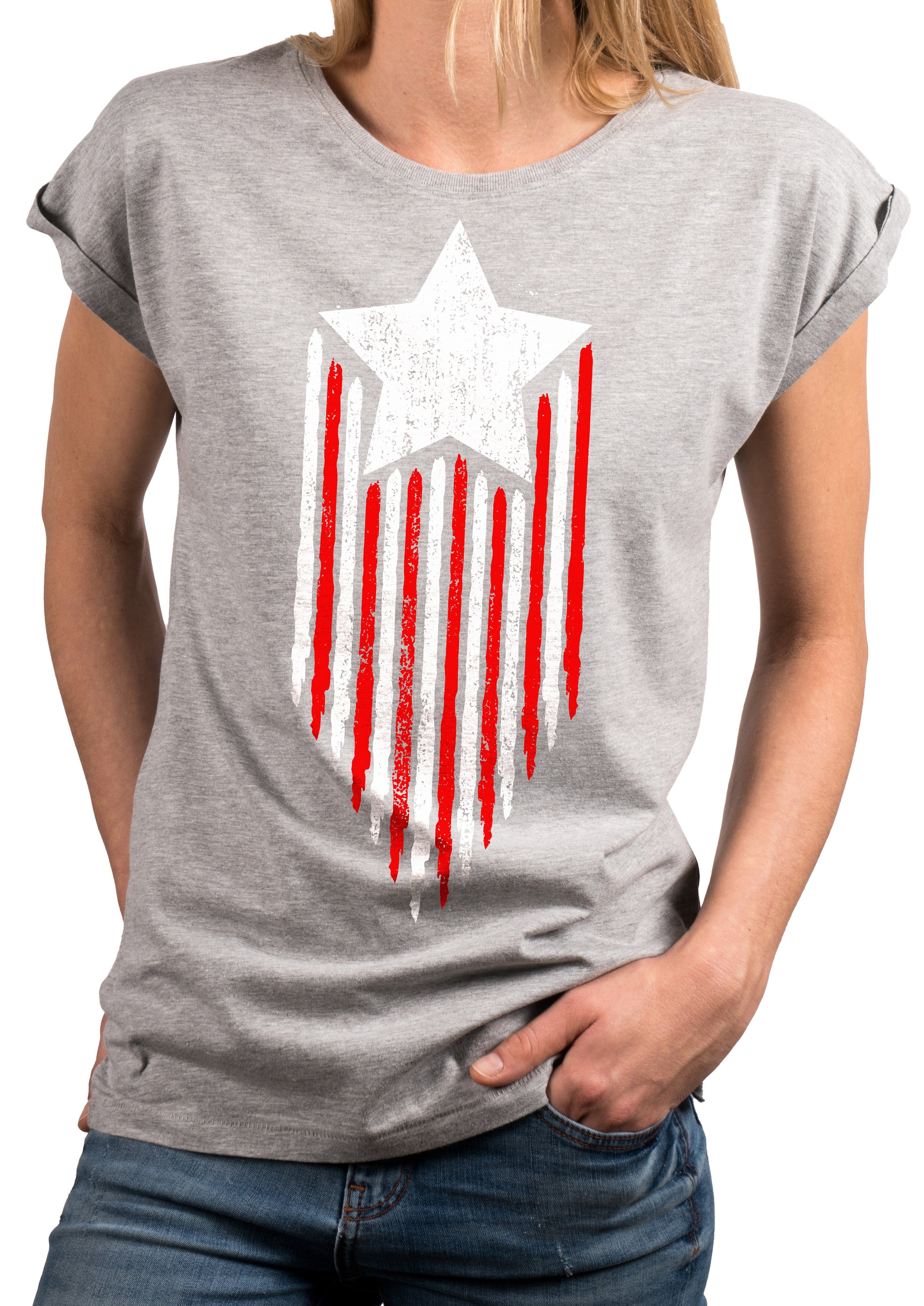 MAKAYA Print-Shirt Vintage Amerika Fahne amerikanische Flagge Damen Top Kurzarmshirt, große Größen Grau