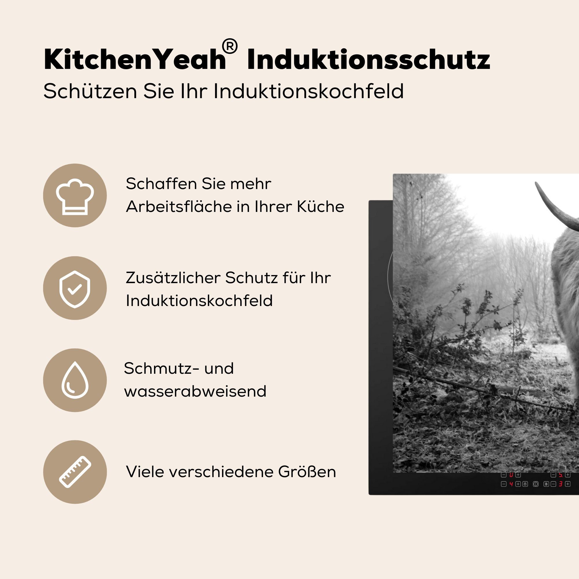 - - 83x51 Highlander Arbeitsplatte Natur Vinyl, für Wildtiere Ceranfeldabdeckung, - cm, Herbst Herdblende-/Abdeckplatte (1 Tiere tlg), Schottische - Wald, küche - MuchoWow