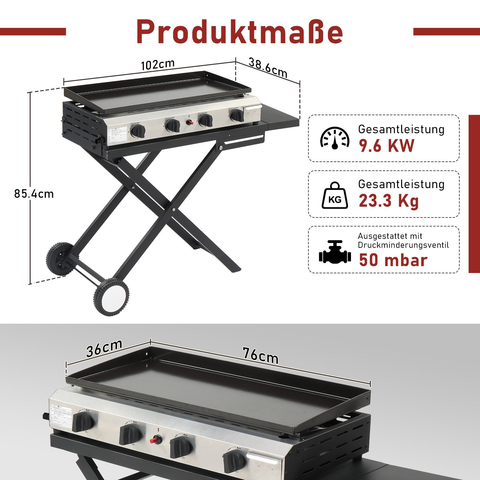 LALAHO Gasgrill Tragbarer 4 Brennern 9.6 kW Grill klappbar, Grillwagen mit Rollen, emaillierte Plancha, für Garten