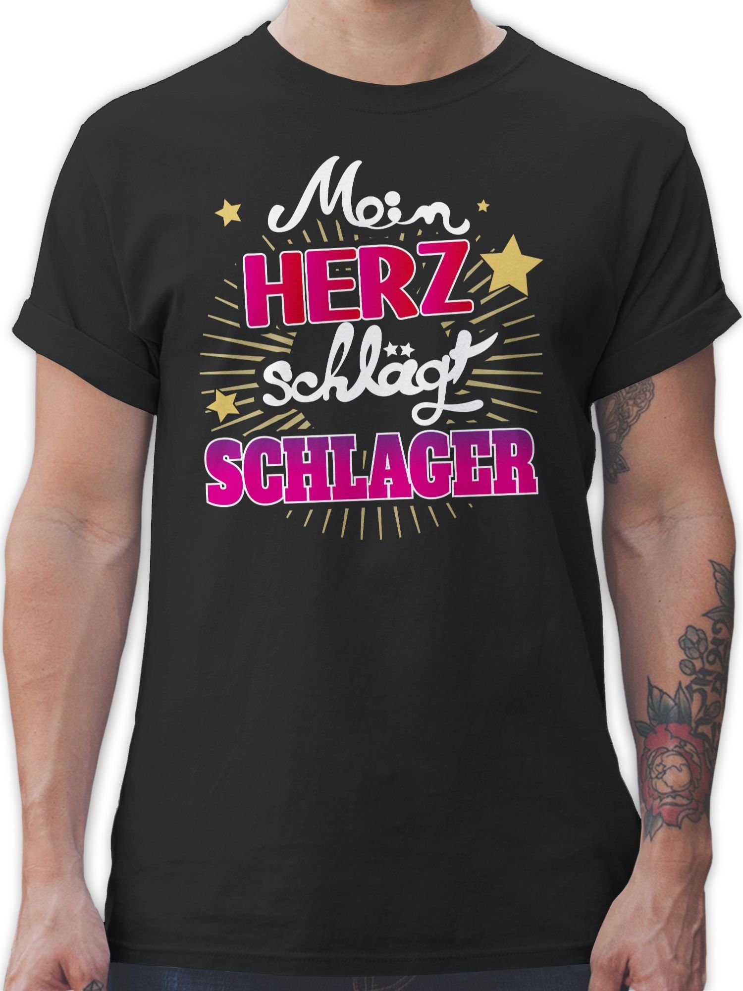 Shirtracer T-Shirt Mein Herz schlägt Schlager Schlager Party Outfit 01 Schwarz | T-Shirts