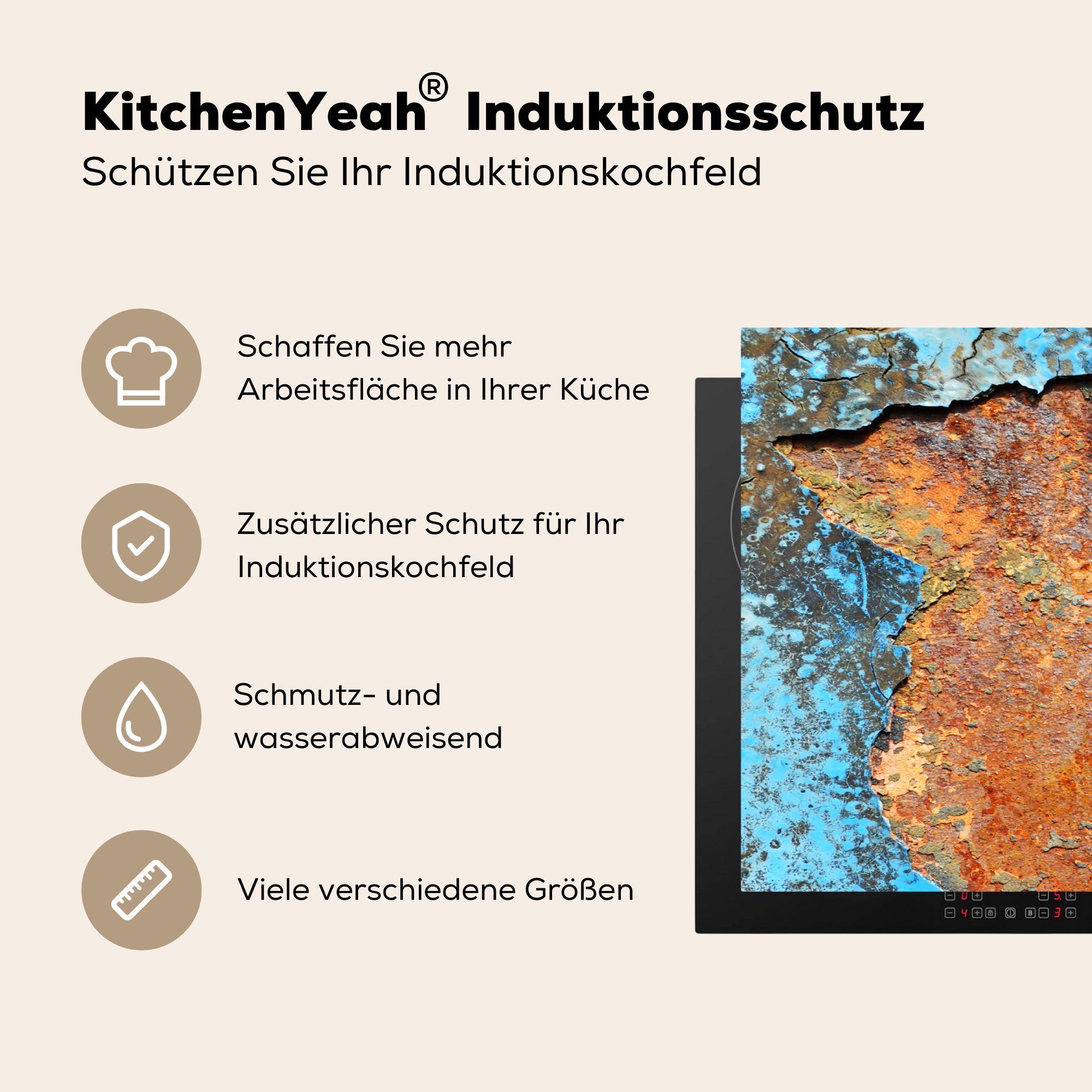 MuchoWow küche Vinyl, cm, - Rost 83x51 - Eisen Arbeitsplatte Induktionsschutz - für Alt Herdblende-/Abdeckplatte - (1 Induktionsabdeckplatte, Ceranfeldabdeckung, tlg),
