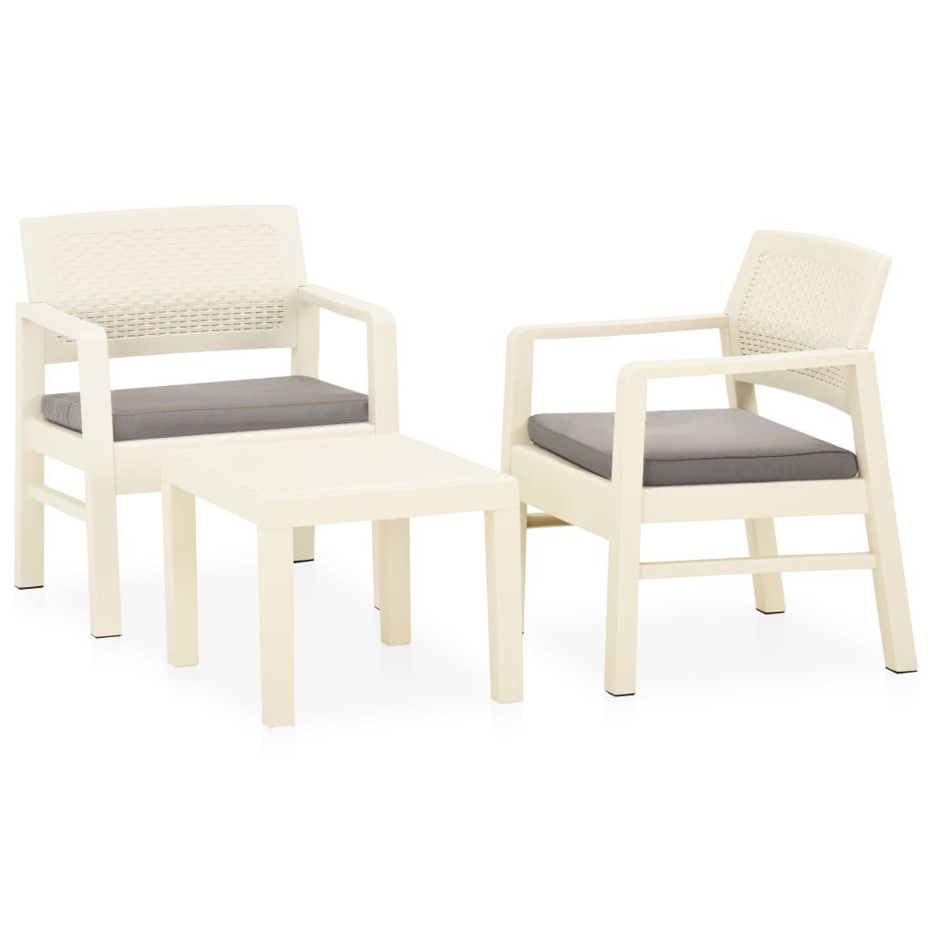 vidaXL Garten-Essgruppe 3-tlg Garten Lo Lounge Set Weiß Kunststoff Sitzgruppe mit Auflagen Set
