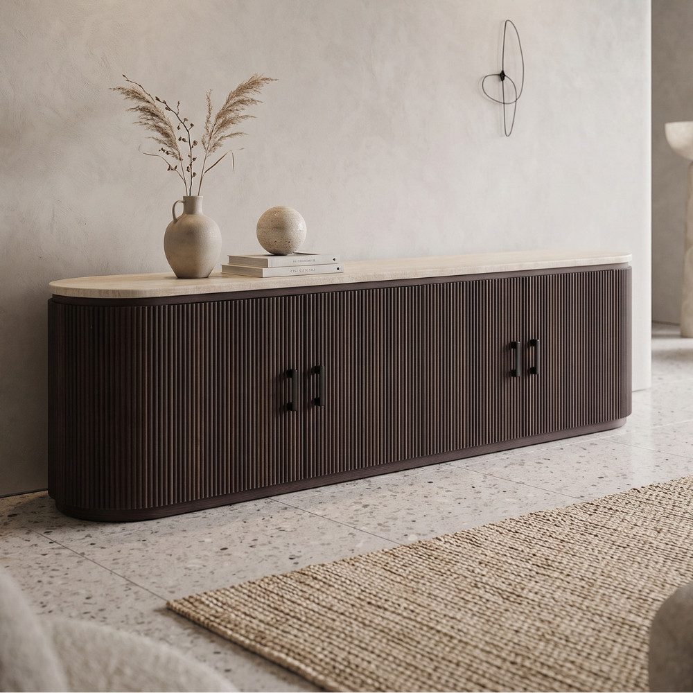 alesvelt TV-Schrank DERVIO Elegantes Rillendesign mit Deckplatte in Travertin-Optik 200 cm (1-Schrank) 200x40x55cm, Naturstein Travertin-Optik, edle Rillenstruktur