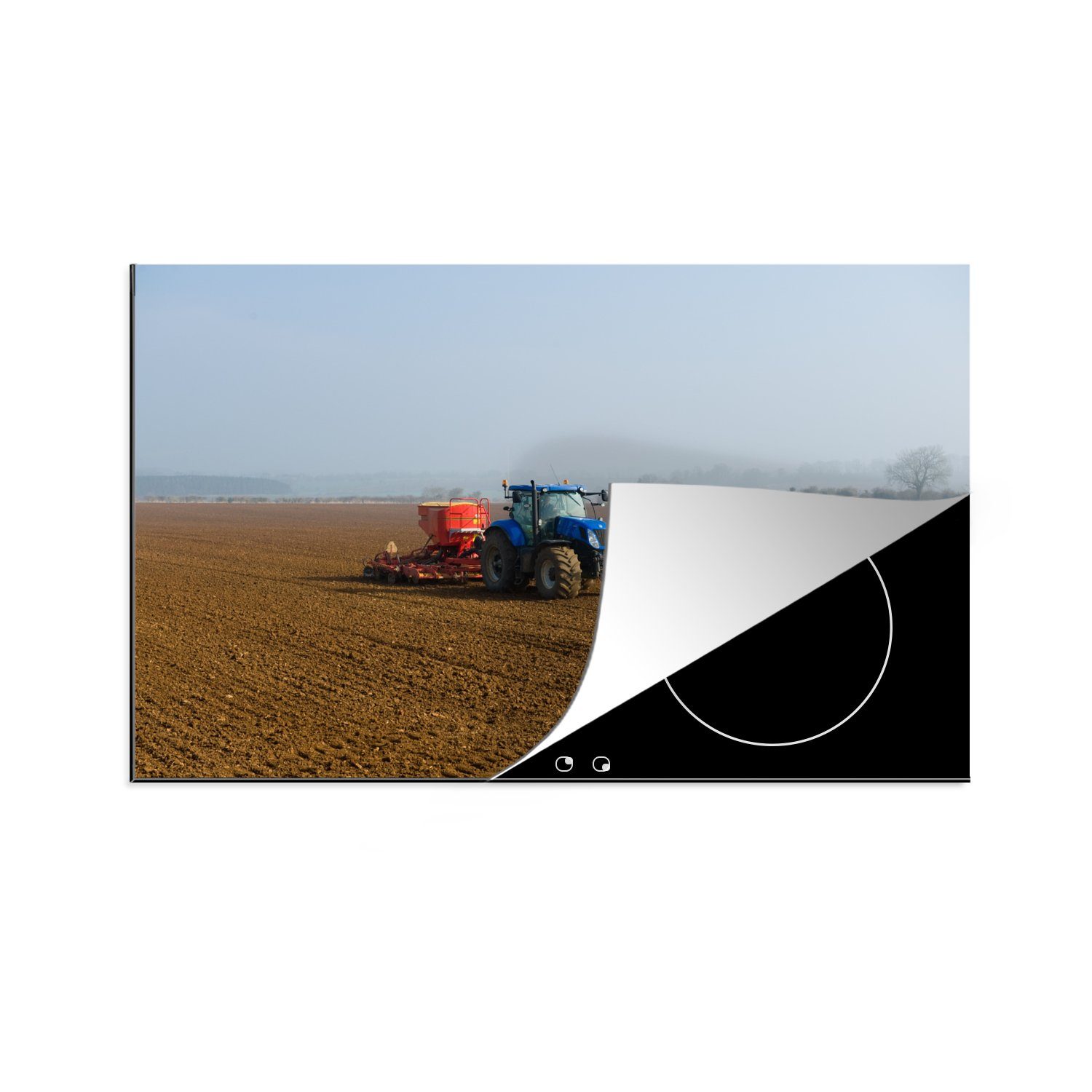 MuchoWow Herdblende-/Abdeckplatte Traktor - Blau - Nebel, Vinyl, (1 tlg), 81x52 cm, Induktionskochfeld Schutz für die küche, Ceranfeldabdeckung