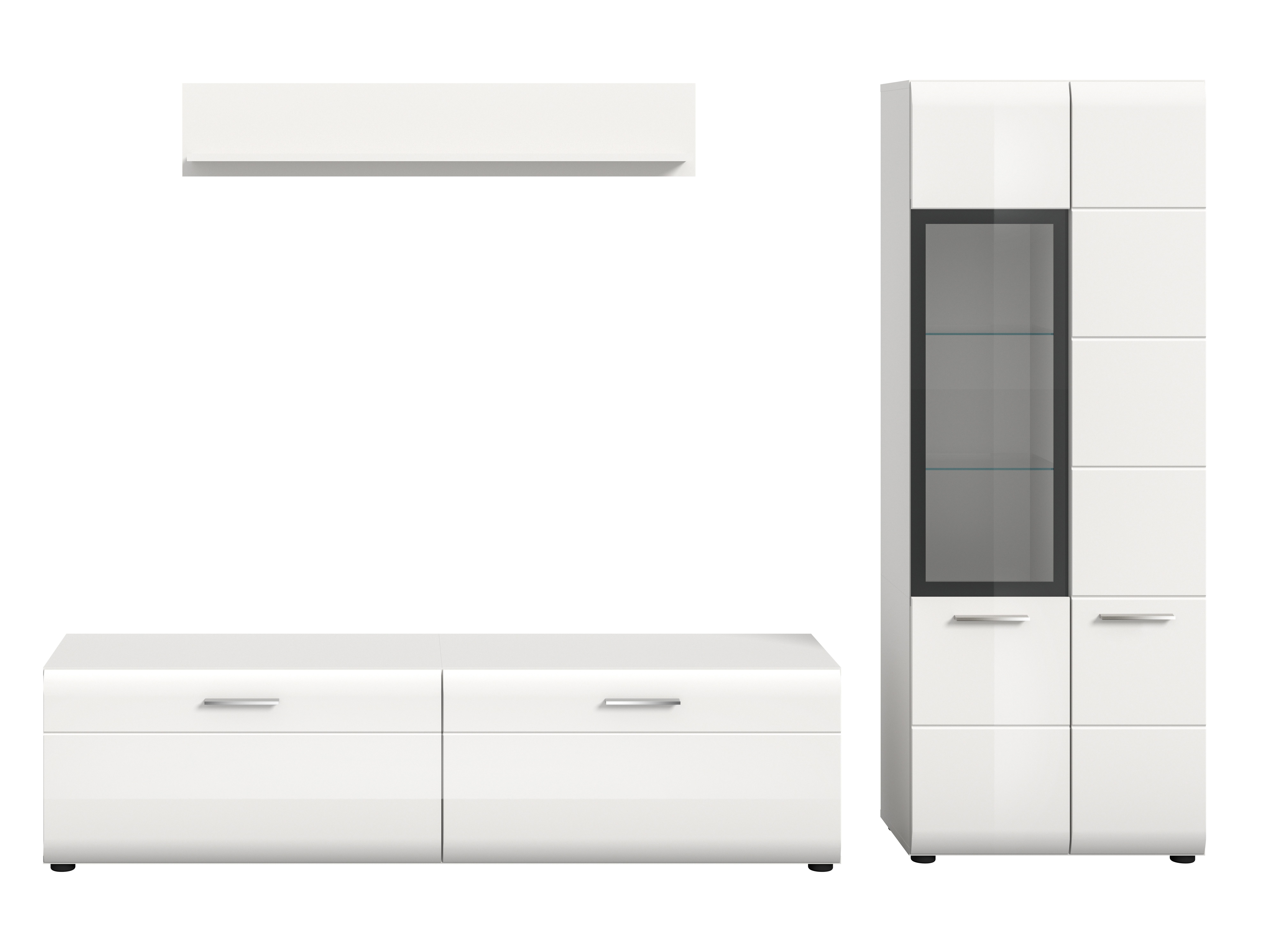 furnling Wohnzimmer-Set Ivy, (3-St., bestehend aus Lowboard, Vitrine, Wandboard), hochwertige MDF Front mit Rillenfräsung, weiß, Breite 235 cm