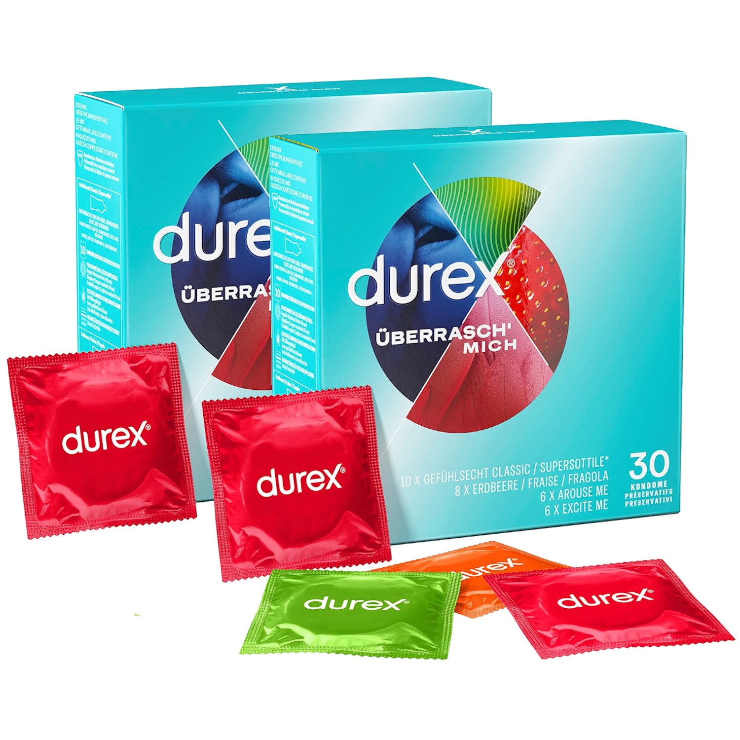 durex Kondome Überrasch Mich Mixpackung zum Ausprobieren, 60 St., 2 x 30, mit Noppen & Rippen