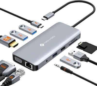 NOVOO USB-Adapter USB-C zu USB-A 3.0, USB-A 2.0, USB-C, HDMI, VGA, TF/SD, Ethernet, 3,5mm Klinke, Aluminium USB-C Hub, Plug-and-Play, LED-Anzeige