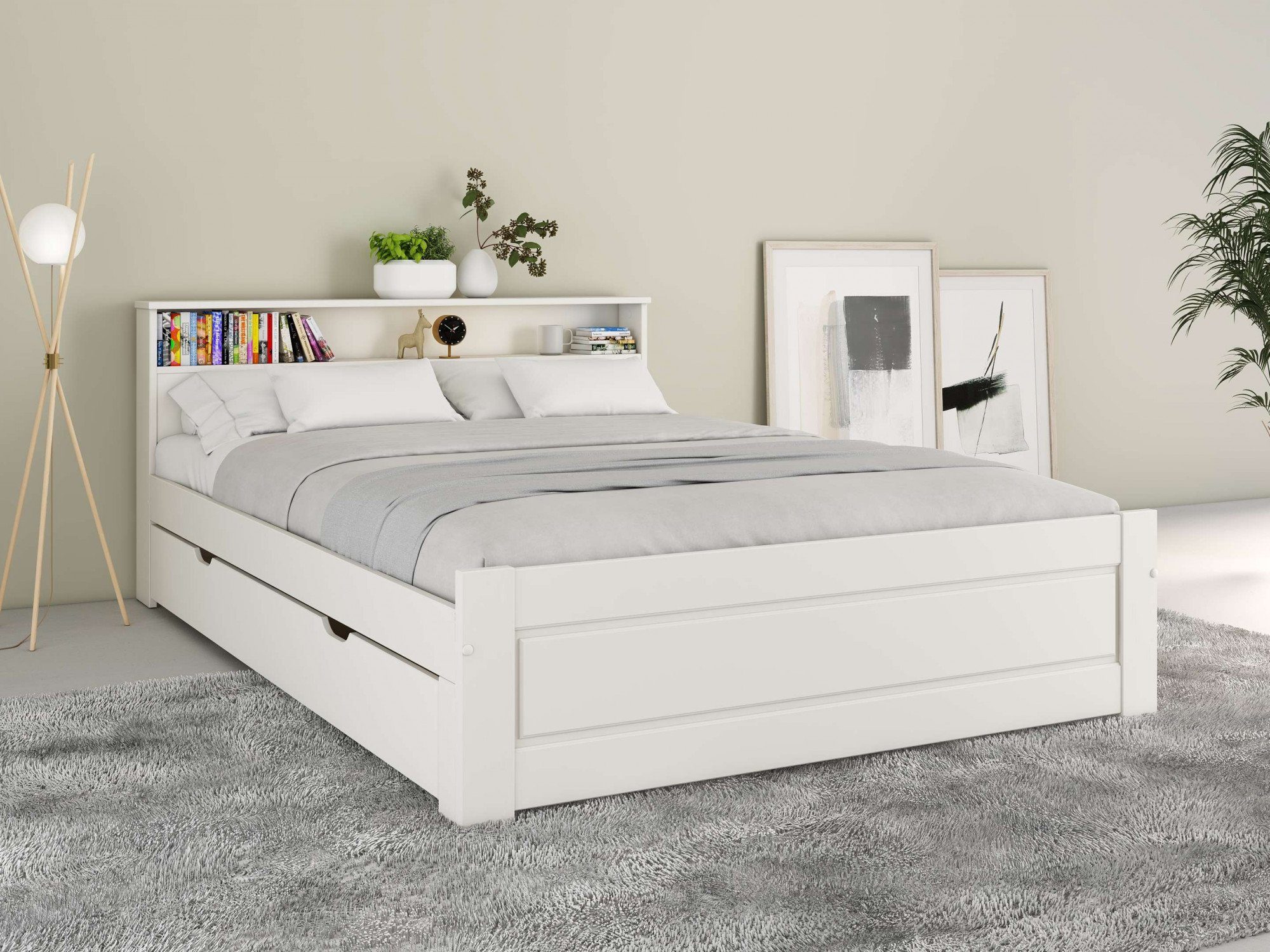 OTTO home Massivholzbett FLAVION, Jugendbett, Stauraum, FSC® zertifizierte Kiefer (Breite: 90, 140, 180), Qualitätsprodukt, Regal, Kassettenoptik, Schublade optional
