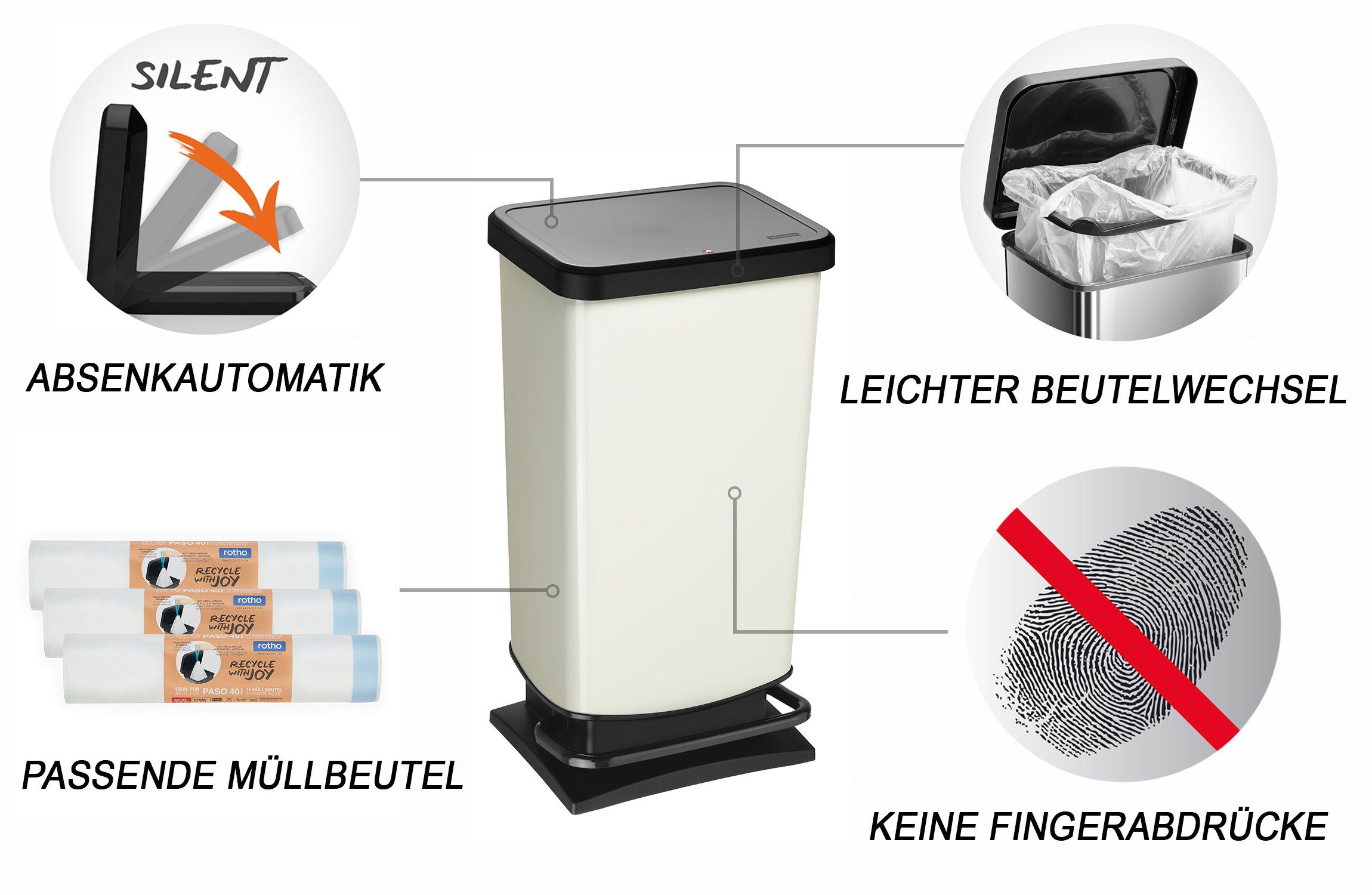 ROTHO Mülleimer Paso Mülleimer 40l mit Pedal und Deckel, hergestellt in der Schweiz