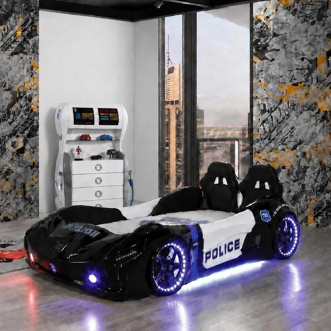 JVmoebel Autobett Autobett Police Kinderbett Rennwagen LED Beleuchtung Schwarz (2-tlg., 2-tlg)