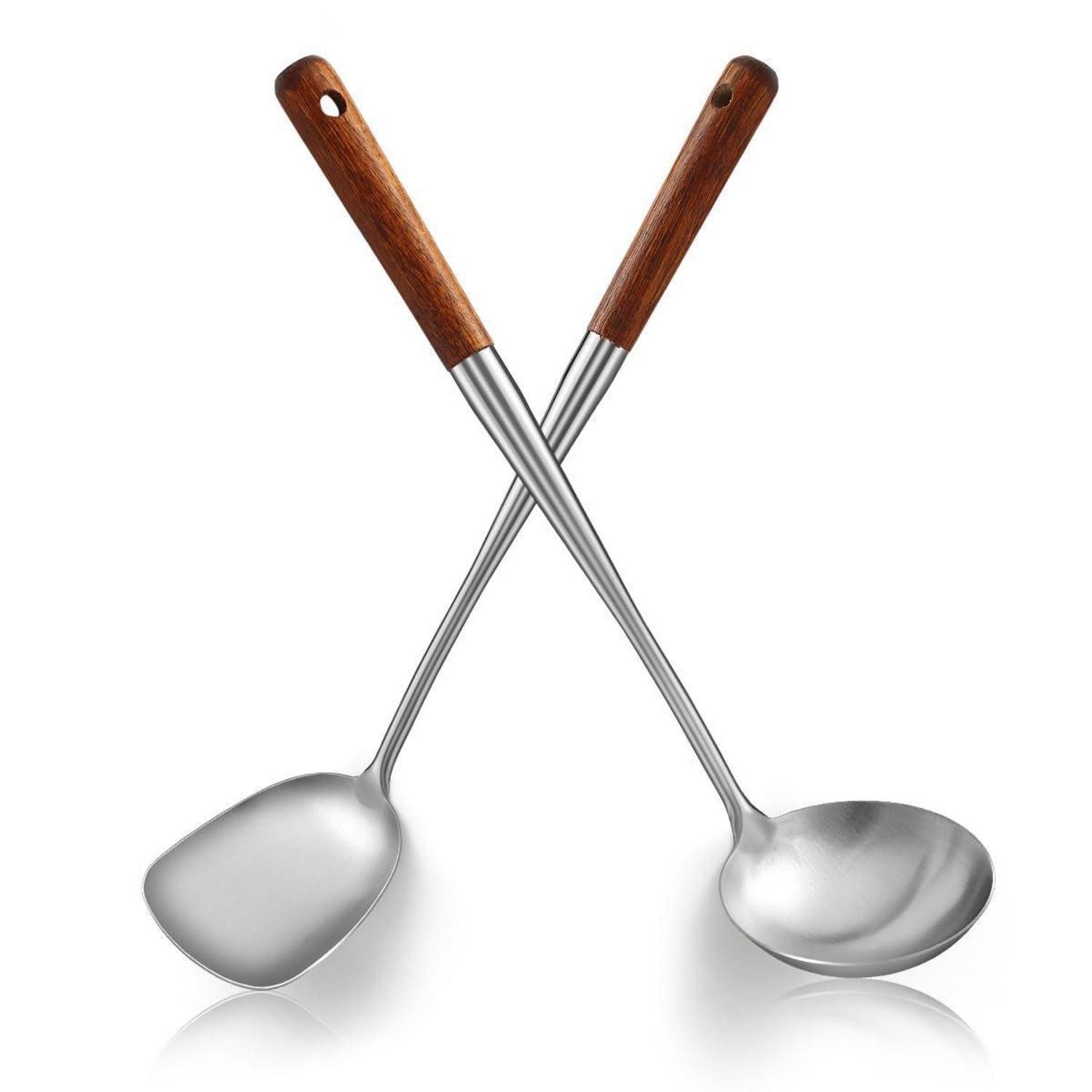 LuxusKollektion Wokwender Wok-Pfannenwender & Schöpfkelle 2tlg 43cm Edelstahl/Holz