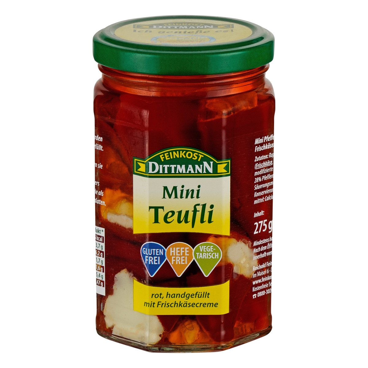 Feinkost Dittmann Gemüsekonserve, Feinkost Dittmann Mini Teufli rote Pfefferonen Frischkäse Füllung 275g