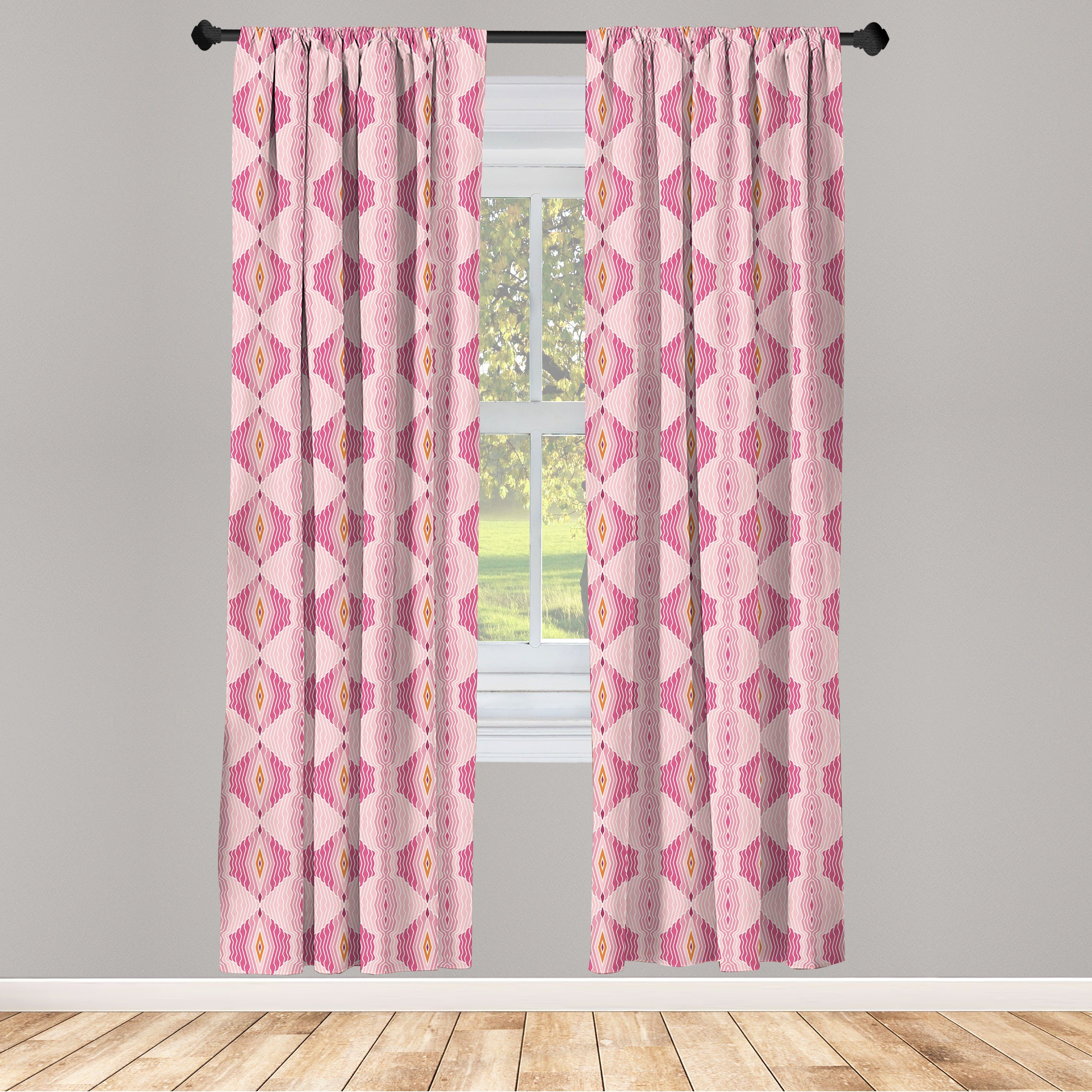 Gardine Vorhang für Wohnzimmer Schlafzimmer Dekor, Abakuhaus, Microfaser, Rosa Wellenförmige Rhombus mit dünnen Linien