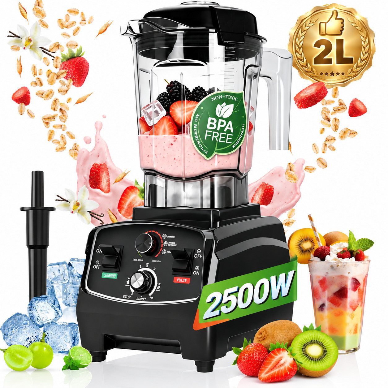 ibettertec Standmixer 2026 Neu 2500W Blender, 2 L Mixer Smoothie Maker, Shaker für Protein, 38.000 U/Min Hochleistungsmixer, mit Rührstab, Selbstreinigend, Timer